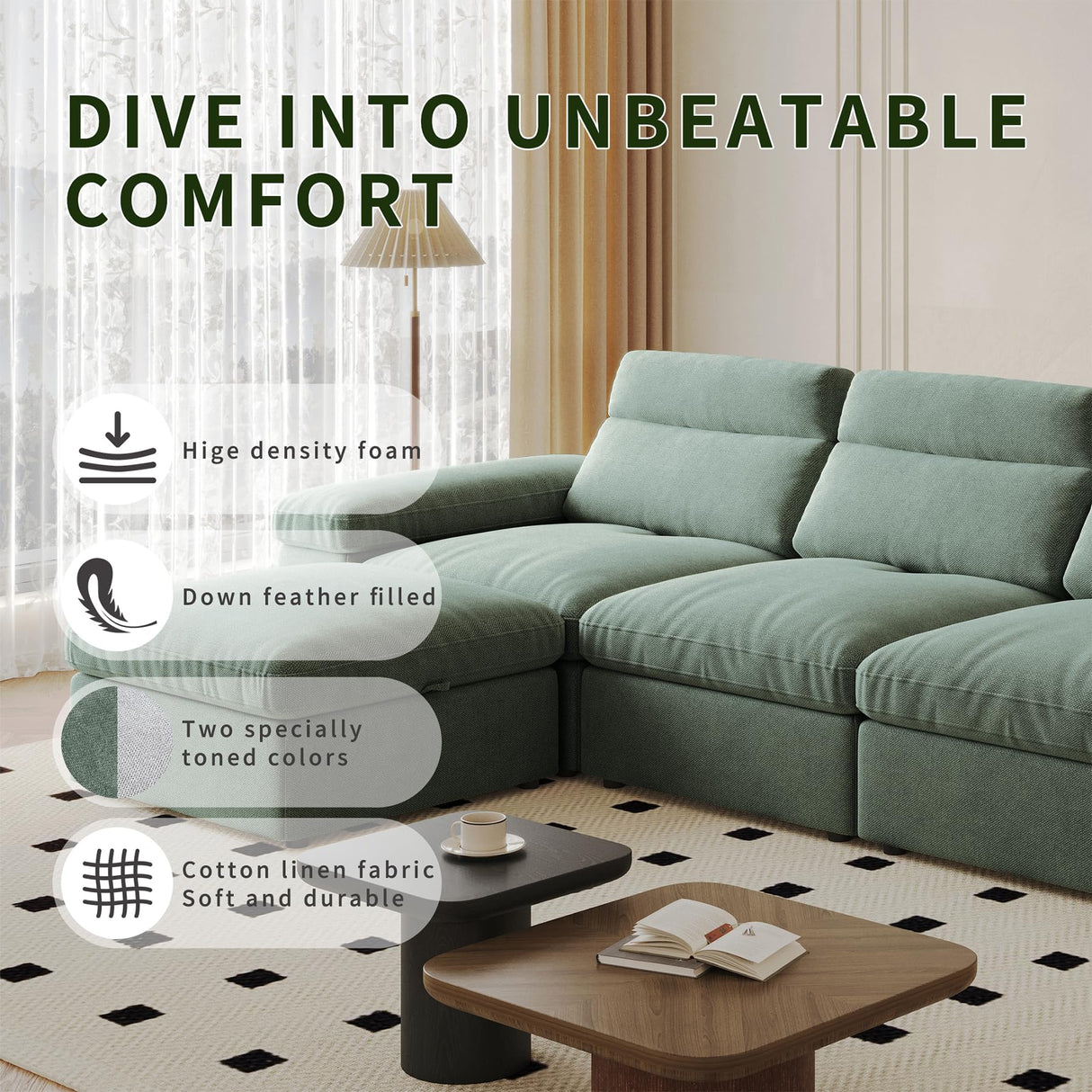 Sectional Modular Down Filled Sofa, Comfty Feather L Shape Cloud Couch for Living Room,114" Simple Couch,Adjustable Backrest,3Seat with Storage Ottoman for Office,Apartment (Green-3 Seat+Ottoman) Pistachio