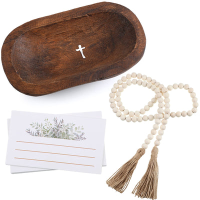 Kathfly Prayer Dough Bowl Wood Decorative Bowl with Cross and Cards Christian Gifts 58 Inch Wooden Rustic Prayer Bread Religious Spiritual Gifts for Blessing Farmhouse Entryway