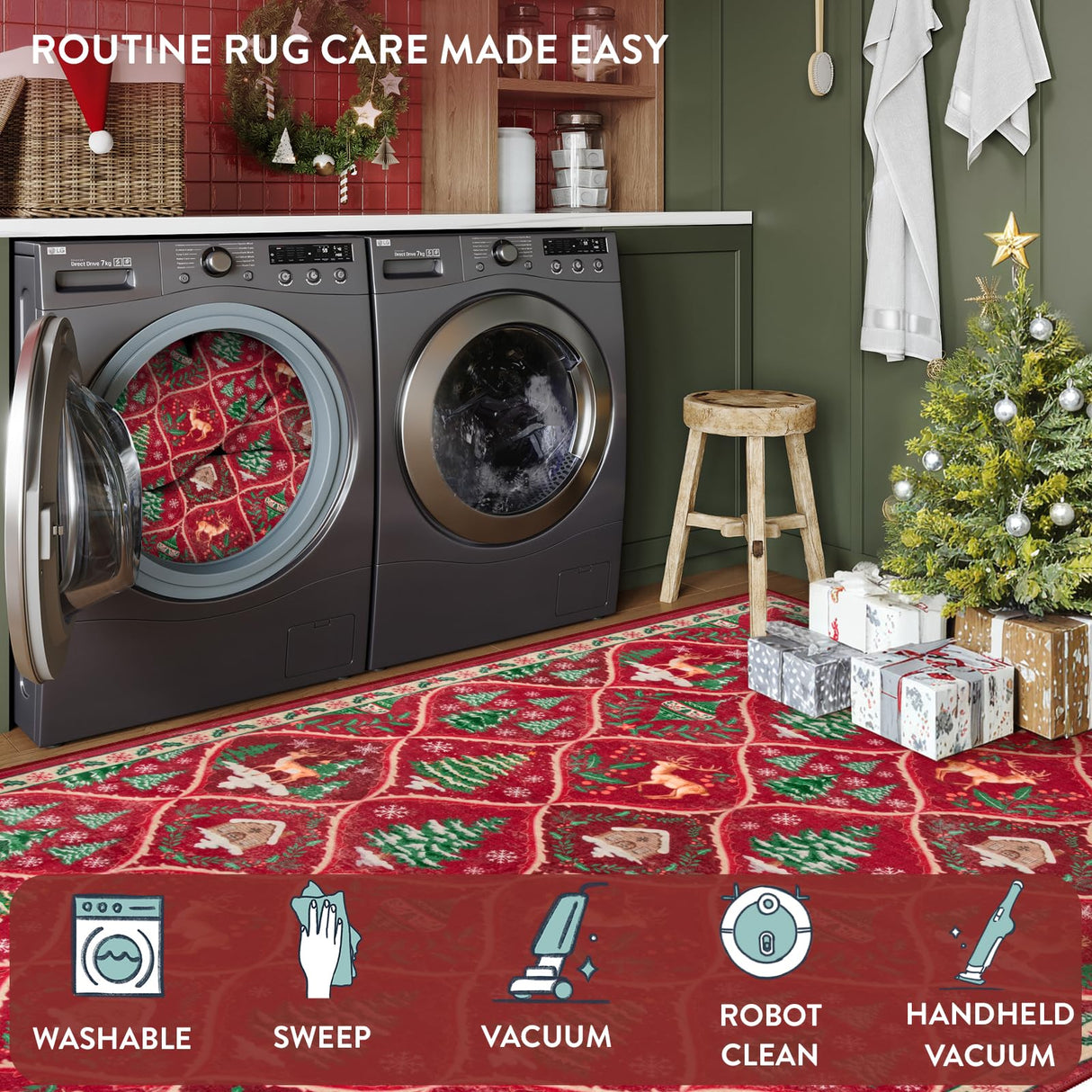 Lahome Christmas Living Room Rug, 5x7 Print Christmas Reindeer Rugs for Bedroom Aesthetic Large Washable Carpet, Soft Xmas Tree Stain Resistance Dining Room Carpets for Under Table (Red) Lahome