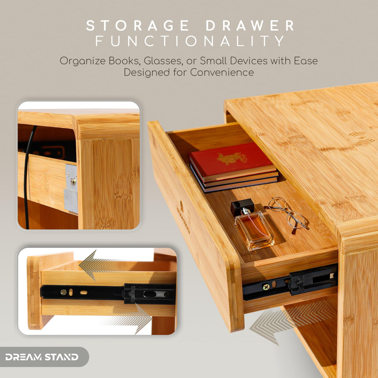 Floating Nightstand with Drawer & Charging station/Wall Mounted Bedside Table, Floating Shelf Nightstands for Small Spaces/Modern Bamboo Wall Mounted Night stand for Bedroom & Living Room/Easy Install Generic