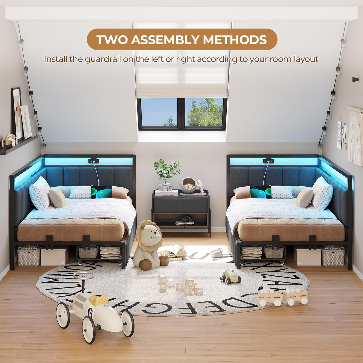 DICTAC Twin Size Bed Frame with 2 Storage Drawers & Charging Station twin Platform Corner Bed Frame with Led Lights Twin Daybed With Upholstered Guardrail for Living Room, Bedroom and Guest Room, Gray DICTAC