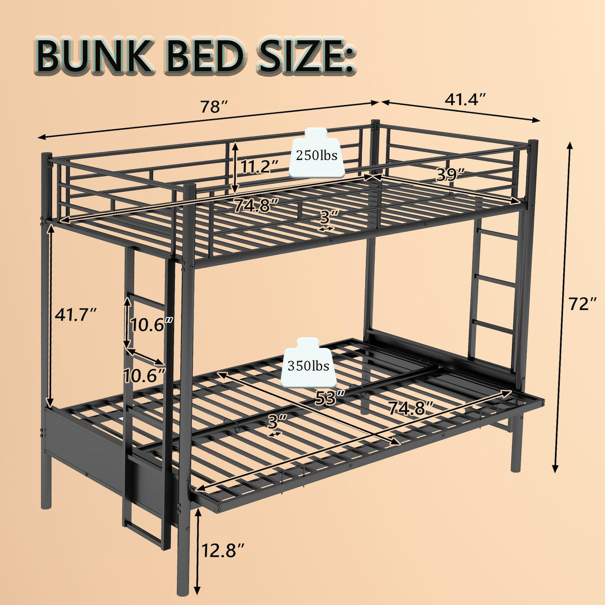 Twin-Over-Futon Convertible Couch and Bed, Metal Futon Bunk Bed with Guardrails and Ladder, Sturdy Steel Foldable Sofa-Bed for Kids Adults Teens (Twin Over Full Metal Bunk Bed, Twin) Anwick