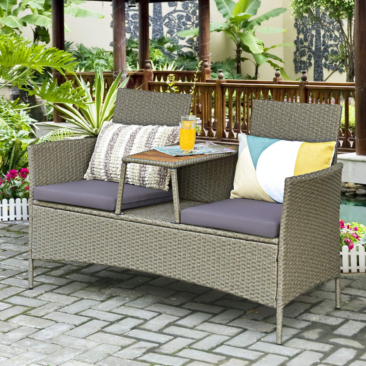 Tangkula Outdoor Rattan Loveseat, Patio 2-Person Wicker Conversation Set w/Cushion, Modern Wicker Sofa Set with Built-in Acacia Wood Tabletop & Storage Space for Backyard Poolside Lawn (Grey) Tangkula