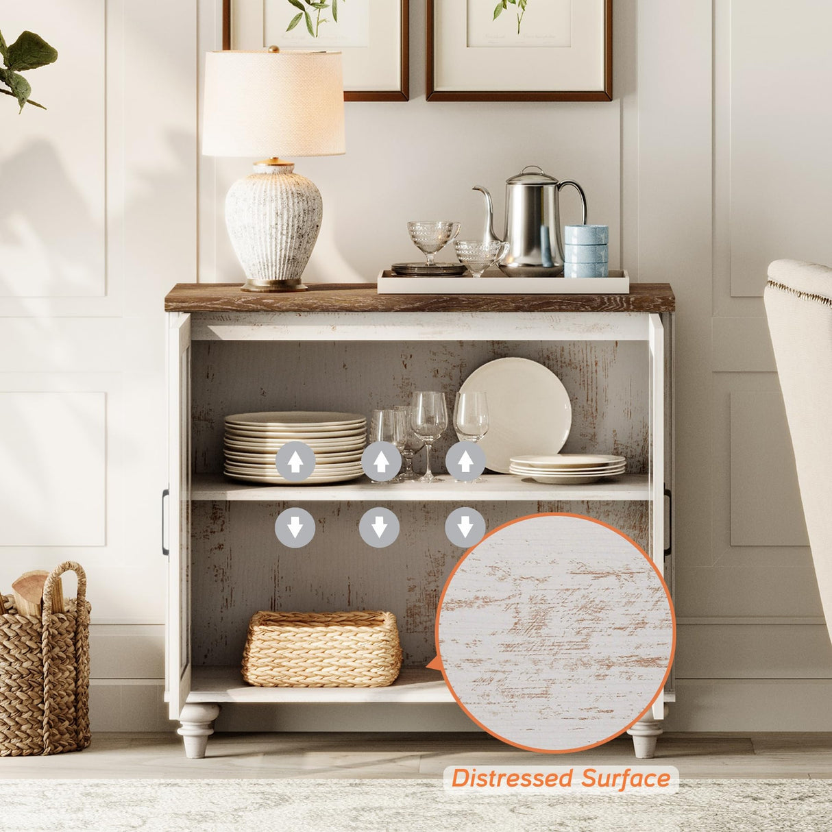 WAMPAT 5 Tier Bookshelf 72" Tall Bookcase with Glass Doors,Large Farmhouse Display Book Shelf with Adjustable Shelves and Storage Cabinet,Library Wood Bookshelves for Living Room,Kitchen, Rustic White WAMPAT