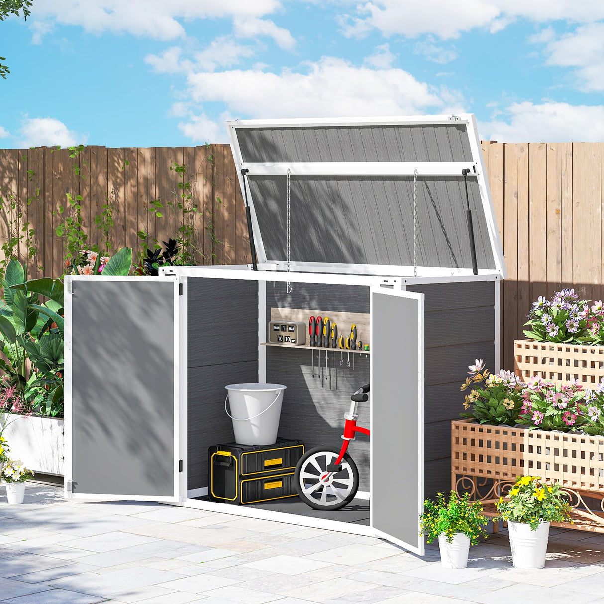 Outsunny 41 Cu. Ft. Outdoor Storage Shed with Chain Lid, Waterproof Outdoor Horizontal Trash Can Storage with Lockable Storage Box for Trash Cans, Garden Tools, Gray Outsunny