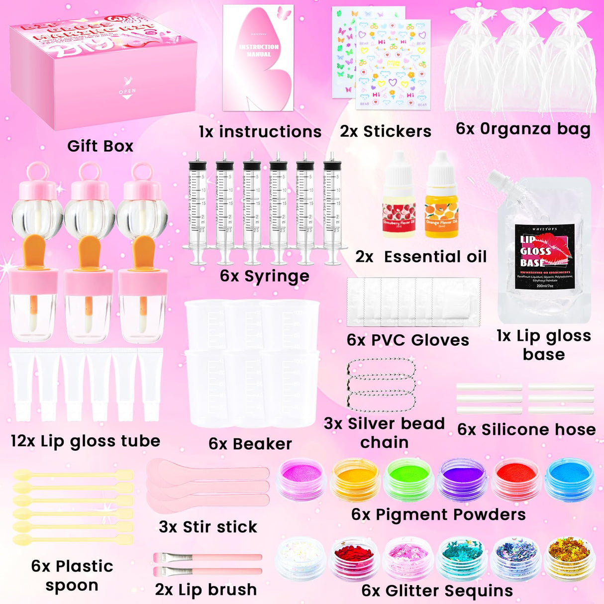 WhizToys DIY Lip Gloss Making Kit 74 PCS, Pink Kids Lip Gloss Supplies Set Beginner, Fun Craft Set Moisturizing Base, Birthday Gift Set for Girls, Kids, Teenagers, Women WhizToys