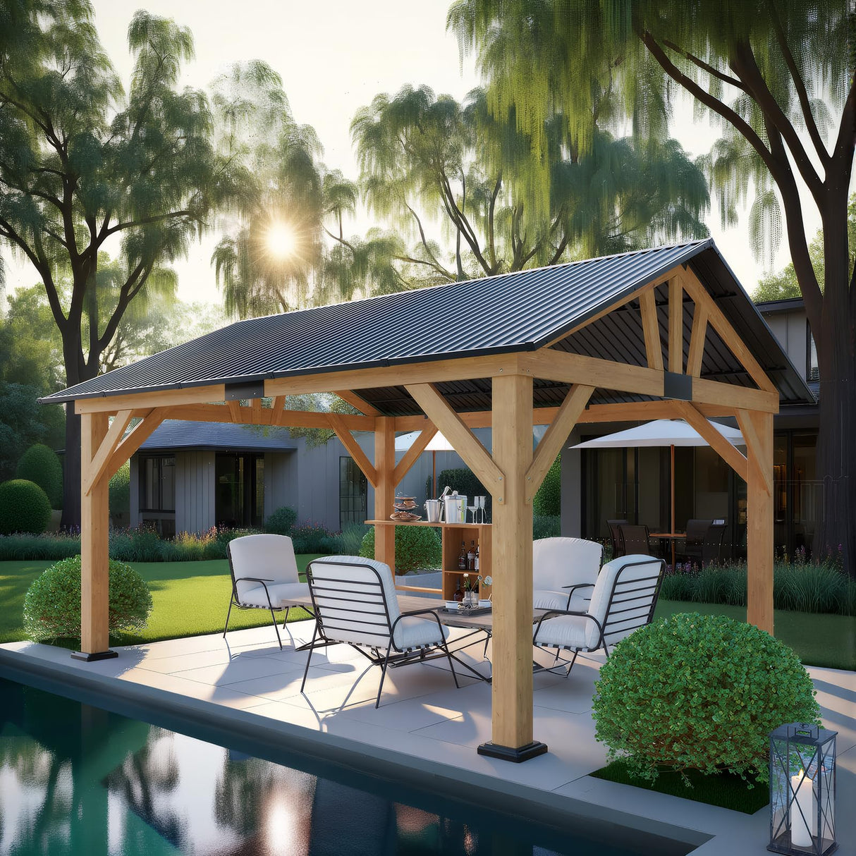 AMERLIFE 13x15 ft Spruce Wood Gazebo, Outdoor Gazebo with Bar Storage, Hardtop Wooden Paviloinwith Metal Steel Gable Roof, Patio, Garage, Black + Natural Wood AMERLIFE