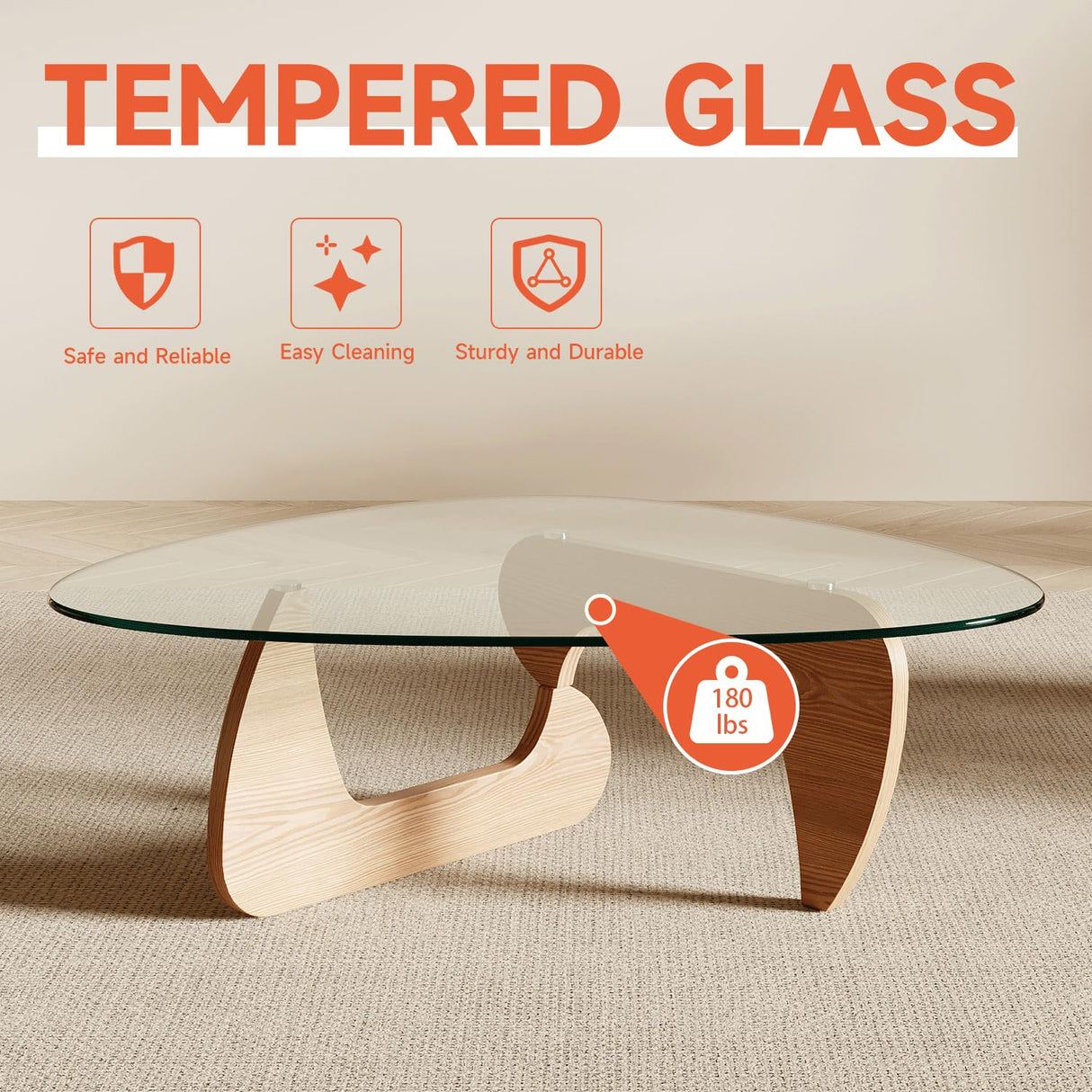 Miloyer Modern Coffee Table for Living Room and Small Spaces, 43.3" x 29.5" x 15.8" Triangle Tempered Glass Table Top and Eco-Friendly MDF Base, Natural Wood Miloyer