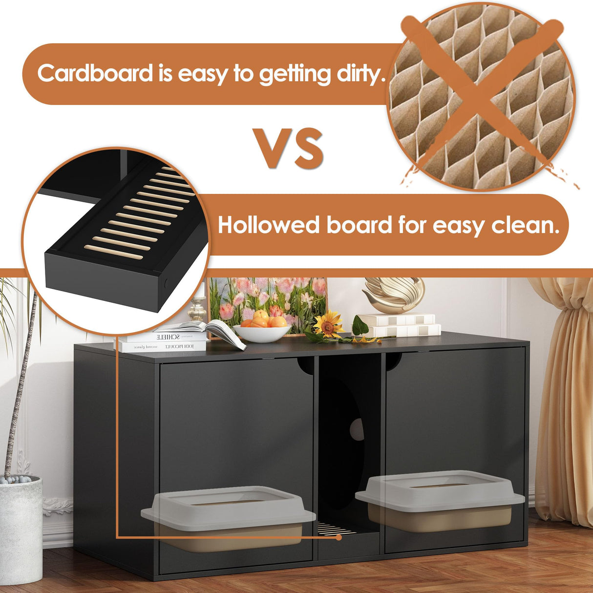 DAWNSPACES Large Cat Litter Box Enclosure for 2 Cats, Modern Wood Stackable Large Cat Washroom Storage Cabinet Bench End Table Furniture,with Removable Litter Box, Black DAWNSPACES