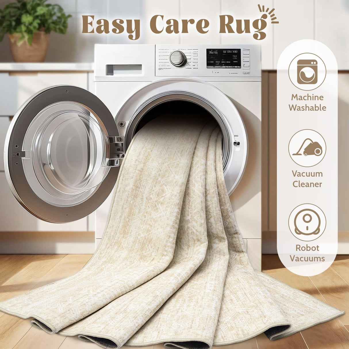 Washable Area Rug 5x7: Moroccan Rug for Living Room Geometric Boho Rug Farmhouse Non Slip Stain Resistant Rugs Low Pile Soft Carpet for Bedroom Dining Room Home Office Children Room (Beige,5'x7') VECARF