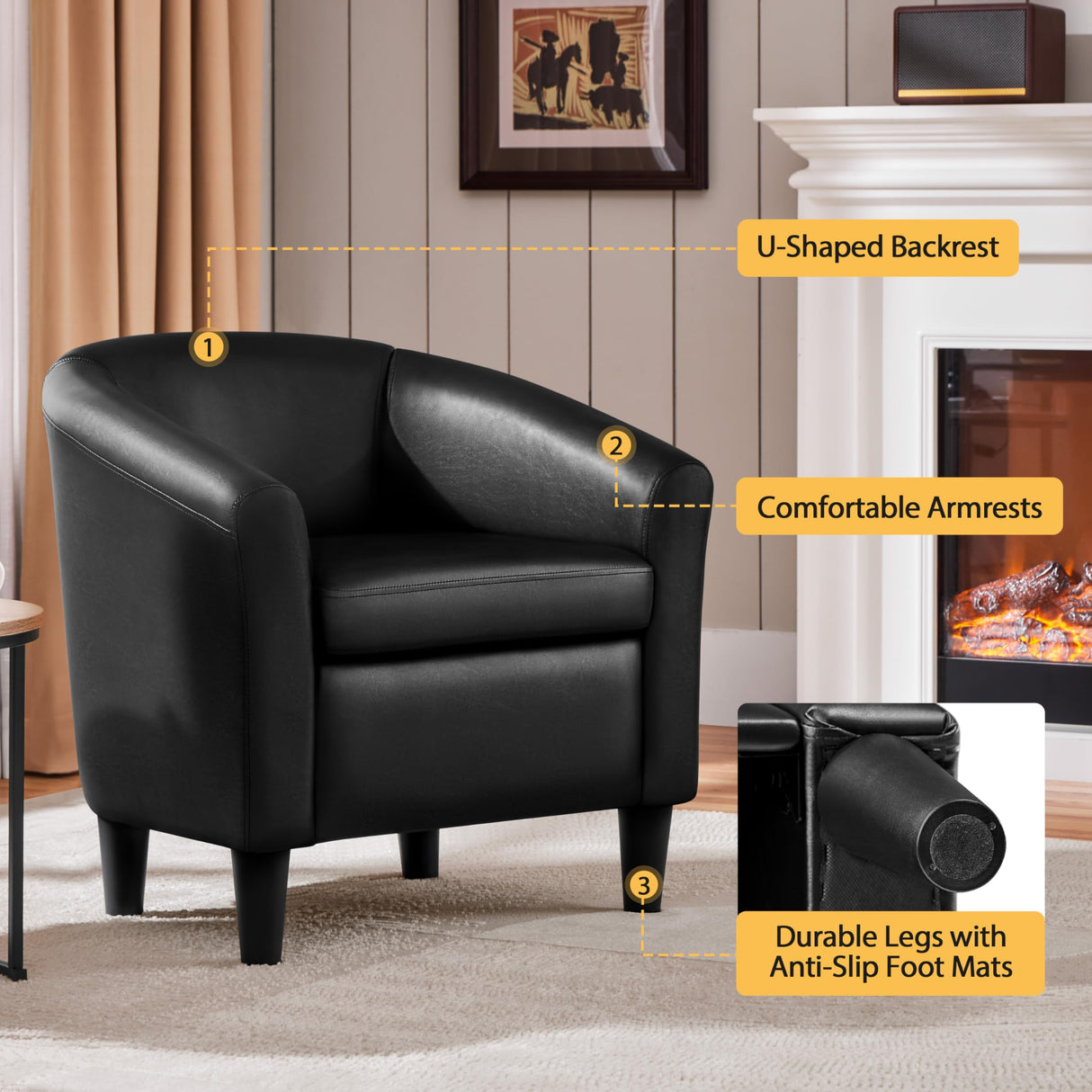 Topeakmart Faux Leather Club Chair, Modern Accent Chair and Cozy Barrel Armchair with Sturdy Legs for Living Room Bedroom Reception Room, Black Topeakmart