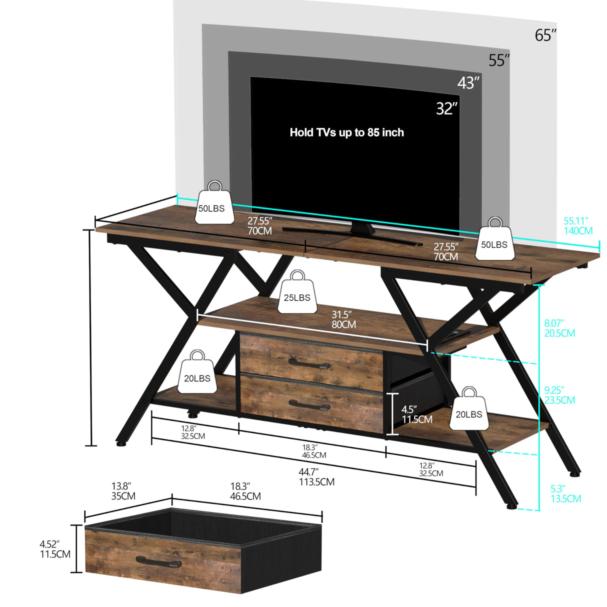 Simoretus Modern 55" TV Stand with Power Outlet for TV up to 65 Inch, LED and 2 Storage Fabric Drawers, Entertainment Center with Charging Station for Living Room Bedroom (Rustic Brown) Simoretus