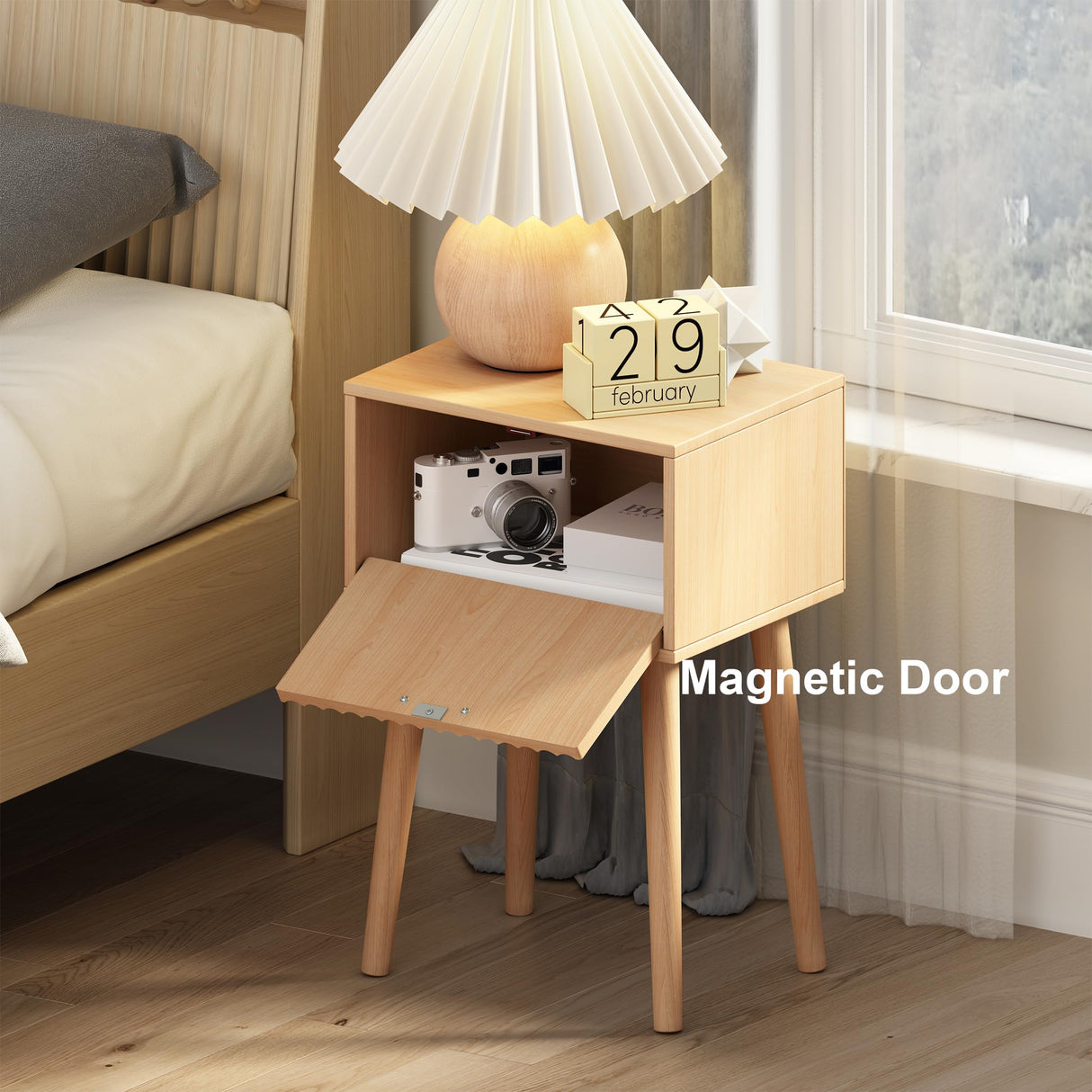 LAATOOREE Nightstands Set of 2, Small Side Table, Bedside Table with Fluted Door, Solid Wood Feet; Modern Mid-Century End Table for Bedroom, Small Space (Natural) LAATOOREE