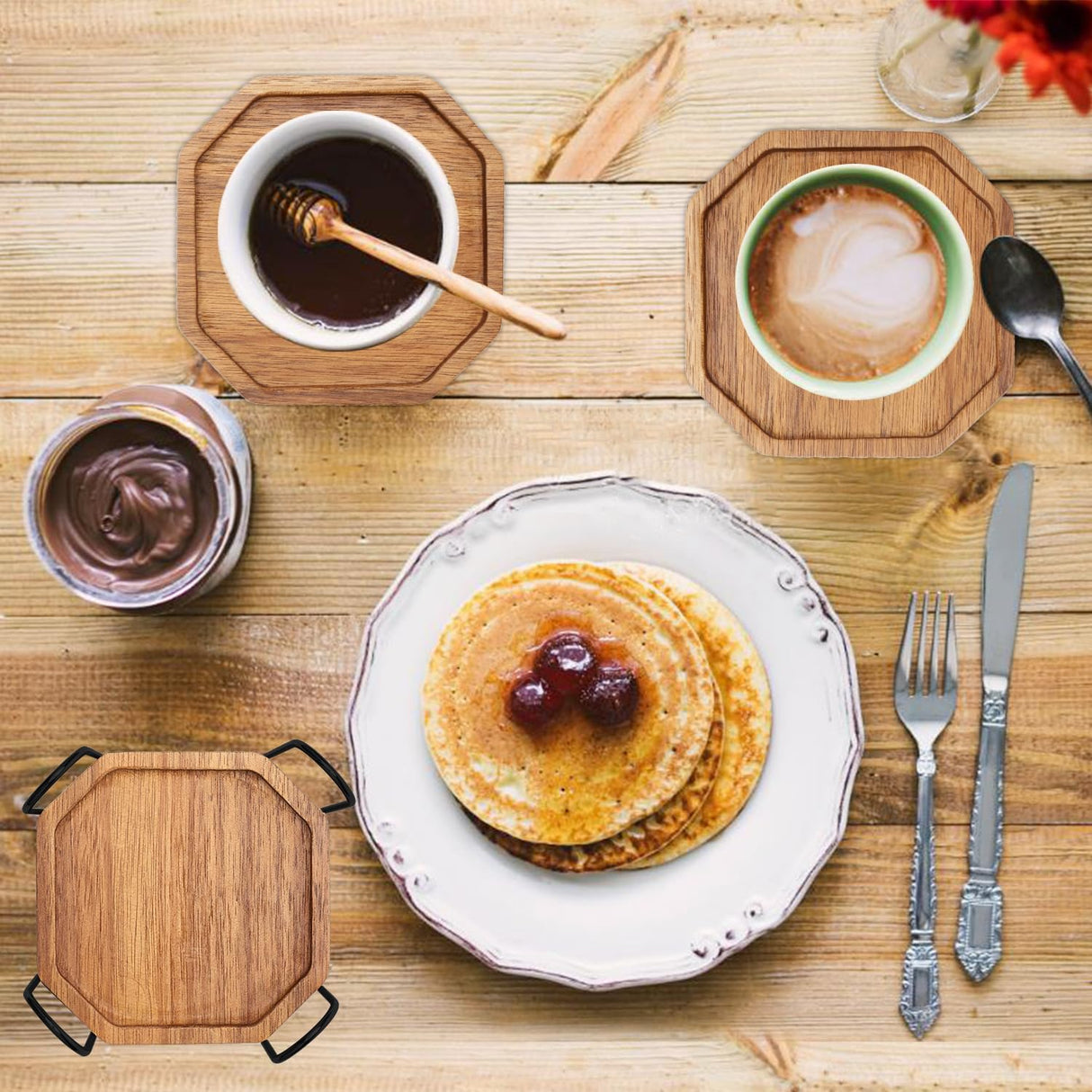 Wooden Coaster Set of 6 Bar Drink Coasters with Holder Acacia Wood Coaster Modern Cup Coaster for Coffee Table Cute Beer Coasters Decor Rustic Coaster Farmhouse Beverage Coasters Outdoor Coaster Ayiaren