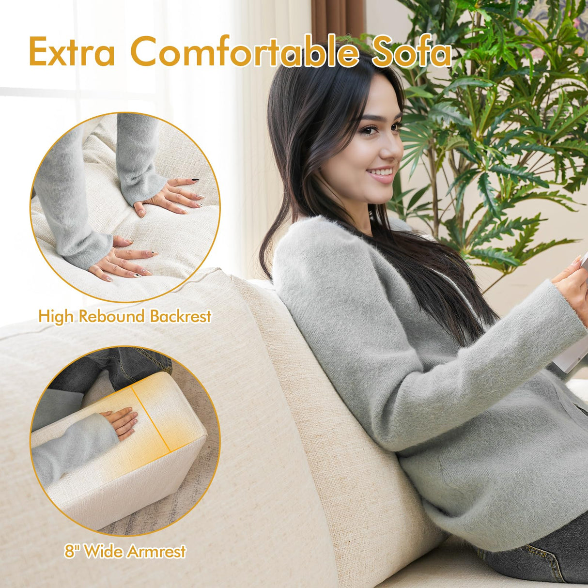 ELUCHANG 85" Modern Sofa Couches for Living Room, 3 Seater Sofa, Natural Linen Deep Seat Sofa with Upholstered Cushion&Detachable Cover, Comfy Sofa Couch for Small Space, Apartment, Cream ELUCHANG