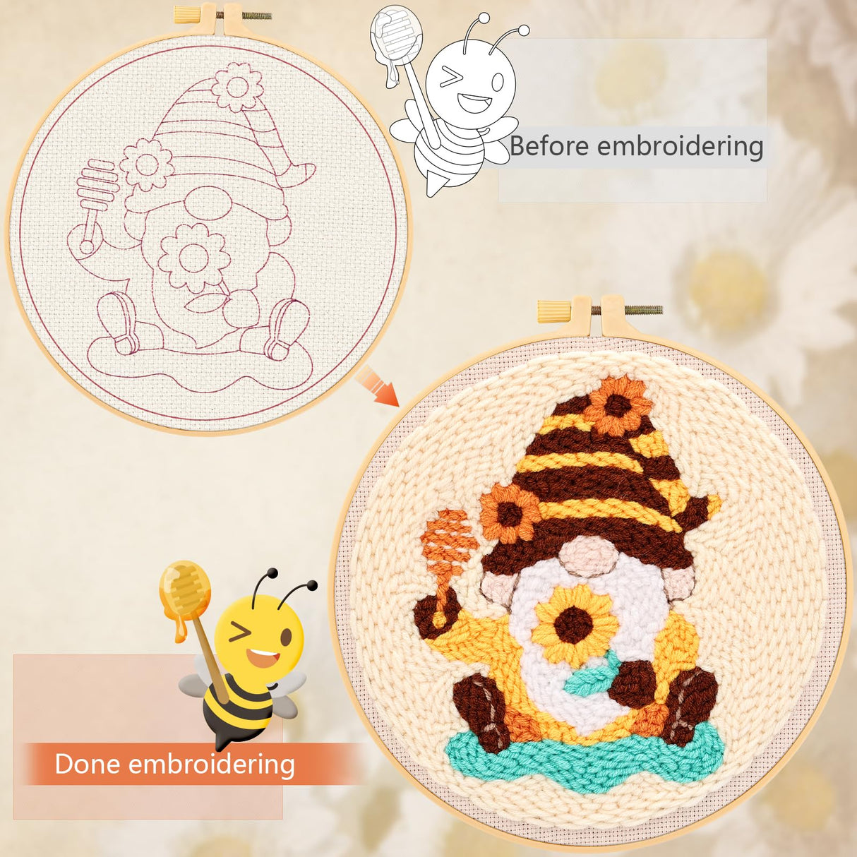 JSRQT Honey Gnomes Punch Needle Kit for Beginners, Punch Needle Embroidery Starter Kit for Adult Kids, DIY Cross Stitch Punch Needle Rug Hooking Beginners Kit with Punch Needle Tool for Home Decor JSRQT