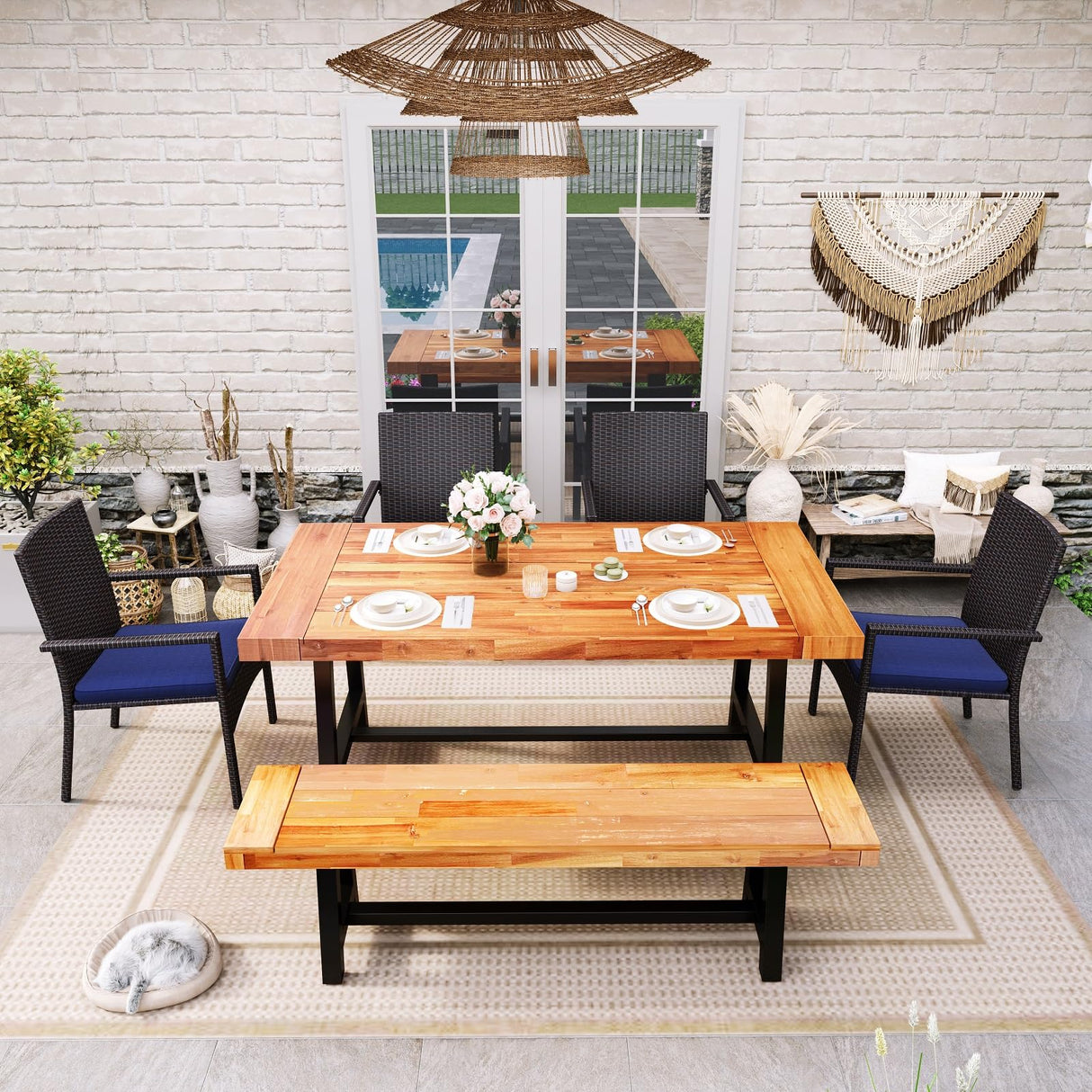 Sophia & William Outdoor Bench Garden Bench Wood 63", Patio Dining Bench Weatherproof, Wooden Park Front Porch Benches for Outside, Backless Acacia Wood Bench Long Narrow Clearance, 2 Pack, Teak Sophia & William