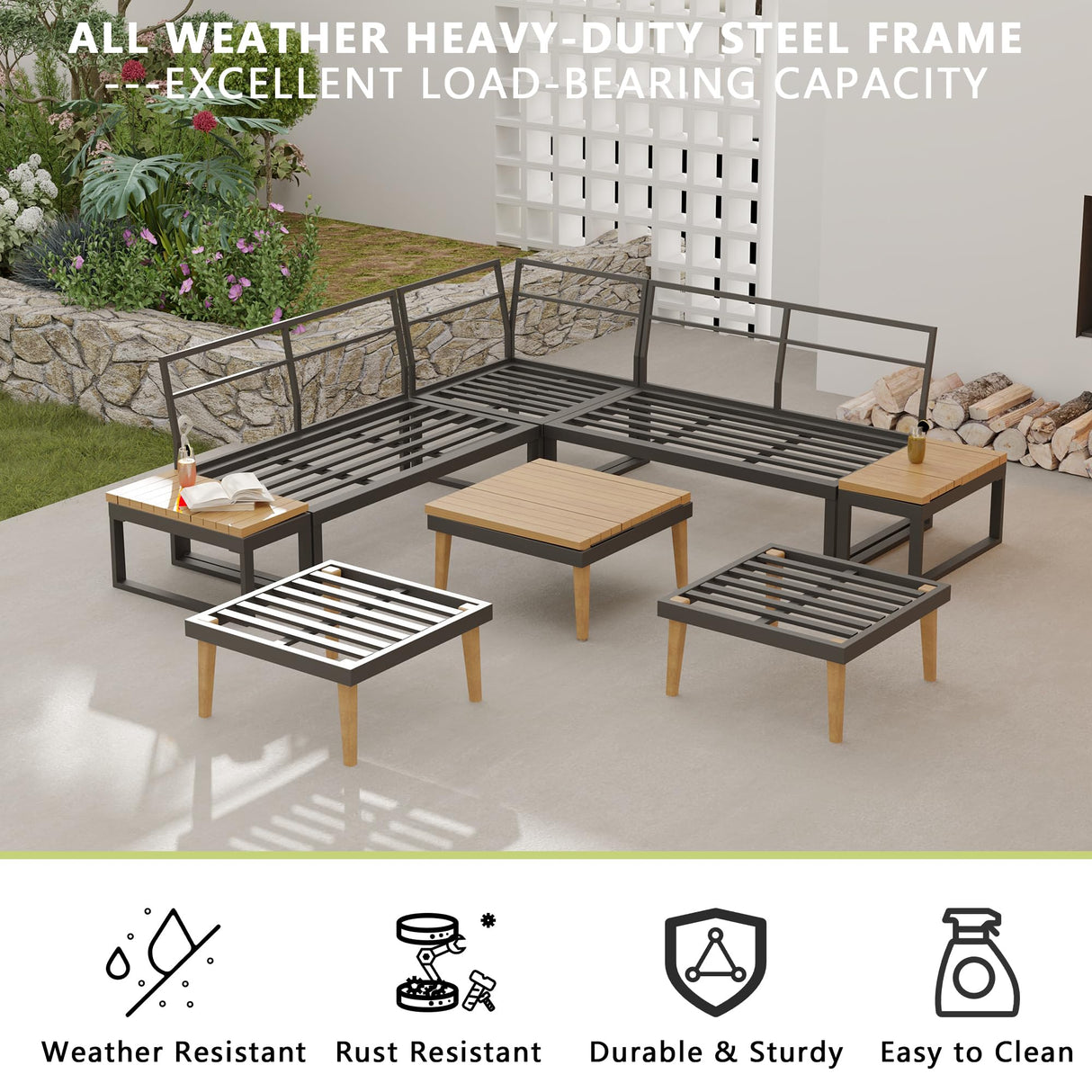 WiberWi 8 Pieces Patio Furniture Set, Outdoor Sectional Sofa Couch with Acacia Wood Coffee Table&Side Table,Modern Metal Outside Conversation Sets for Backyard,Lawn,Garden,Wood Legs,Beige WiberWi