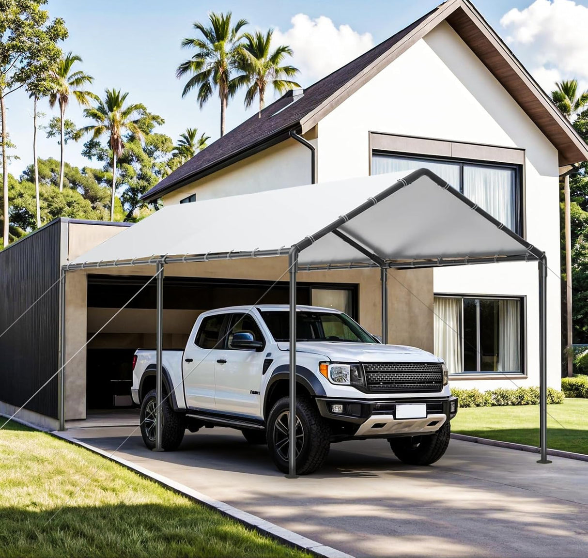 Carport, 10x20ft Heavy Duty Portable Garage, Car Port with Storage Shed, Car Canopy Car Tent with Steel Frame All-Season Tarp for Car, Truck, Boat, Party (B-White) TANGJEAMER