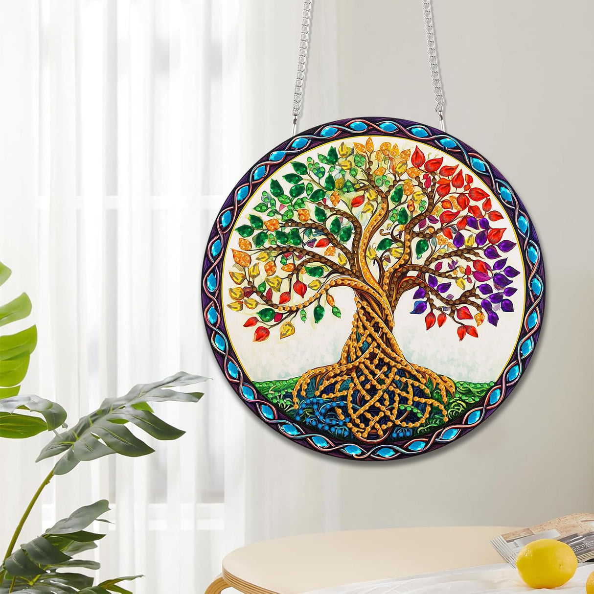 Reofrey Hanging Diamond Art Kits for Adults - 8x8 Inch Tree Acrylic Board Double Sided Pattern Diamond Painting Suncatcher Pendant, DIY Crystal Art for Home Wall or Window Decoration Handmade Gift Reofrey