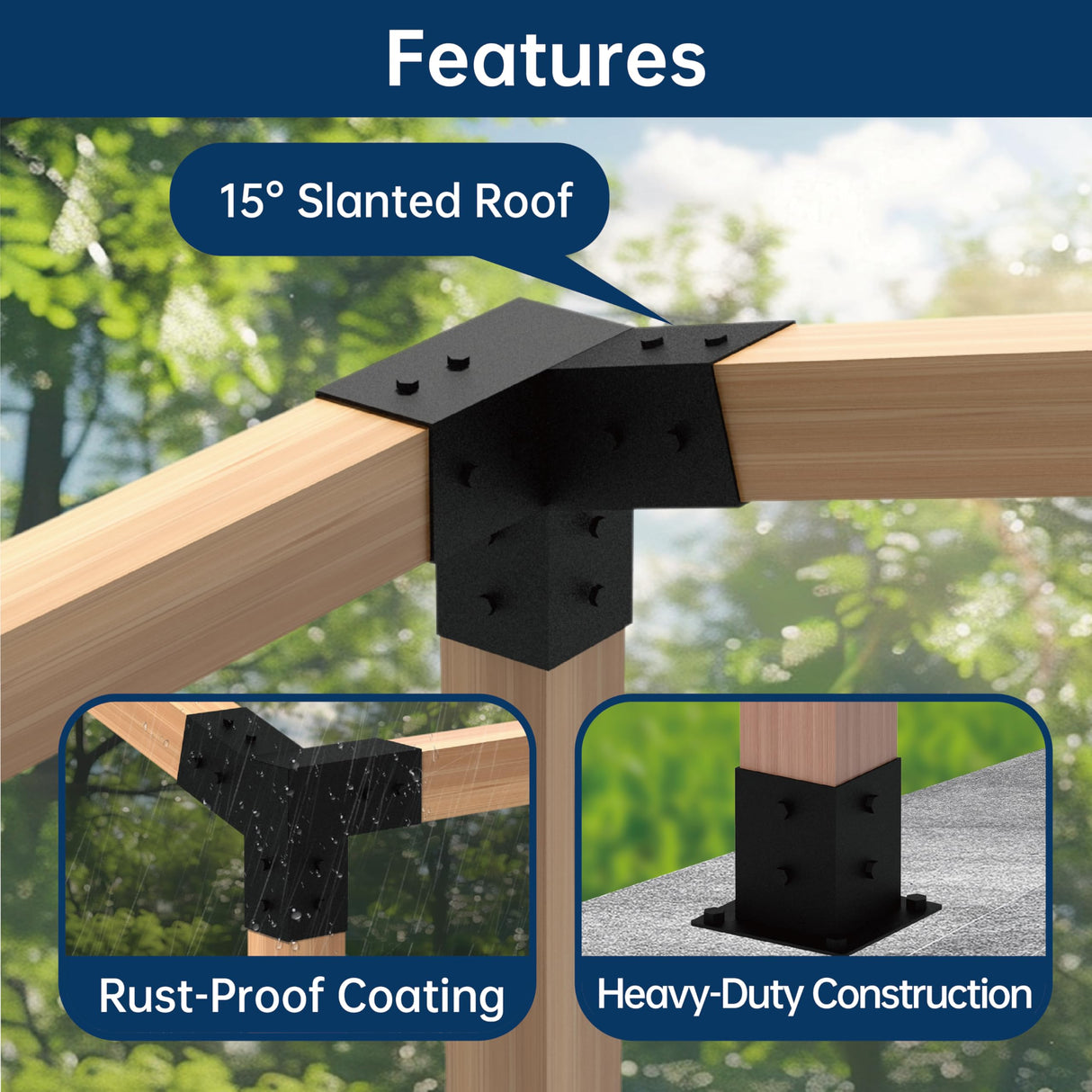 Pergola Bracket Kit 4x4, Including 2 Wall Bases, 2 105 ° 3-Way and 2 Bases, Wall Mounted 15° Pitched Roof Mounting Kit for Shading Facilities Attached to Walls or Eaves MEWSDEN