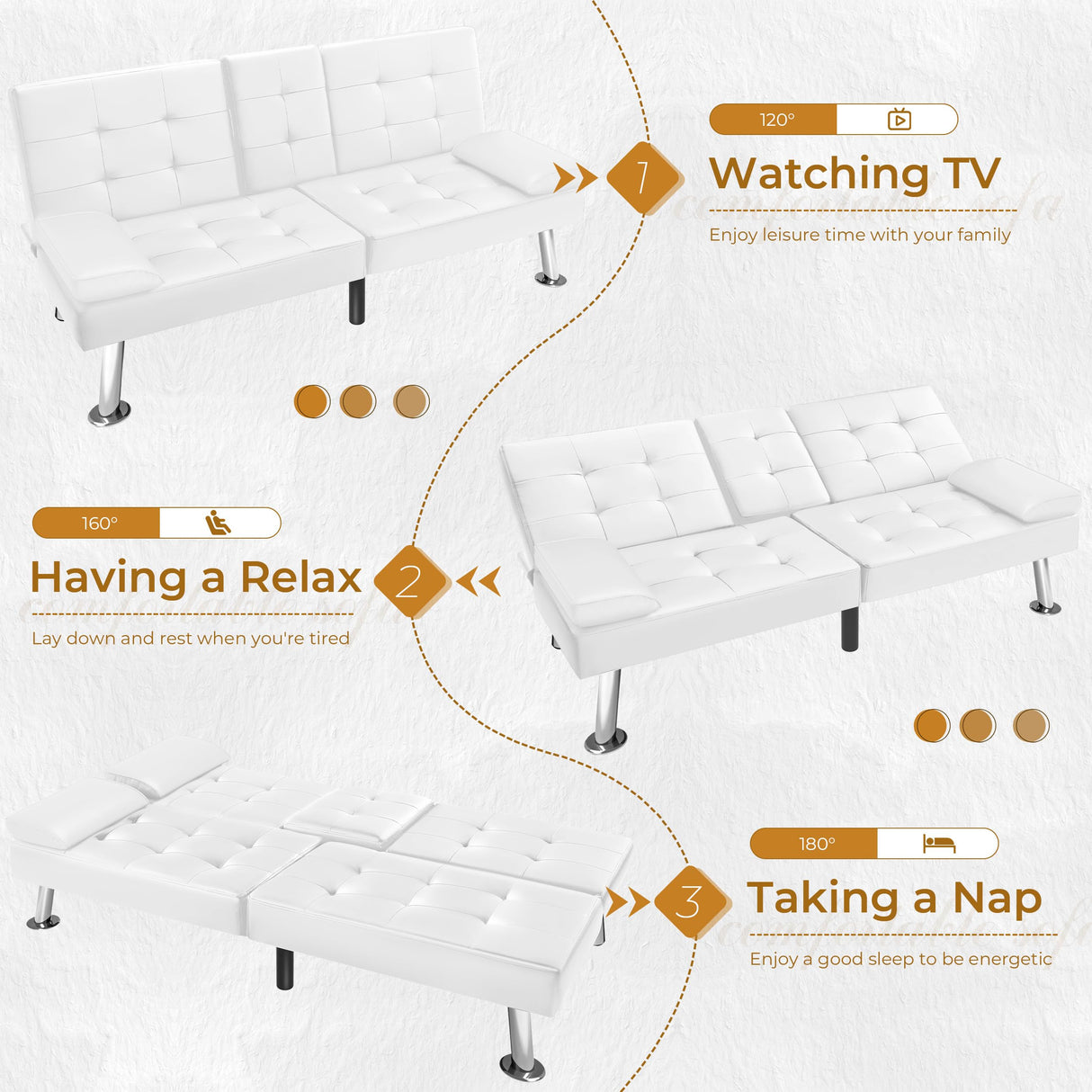 VICTONE Futon Sofa Bed Modern Faux Leather Couch Bed Convertible Folding Recliner for Living Room with 2 Cup Holders and Armrest (White) VICTONE