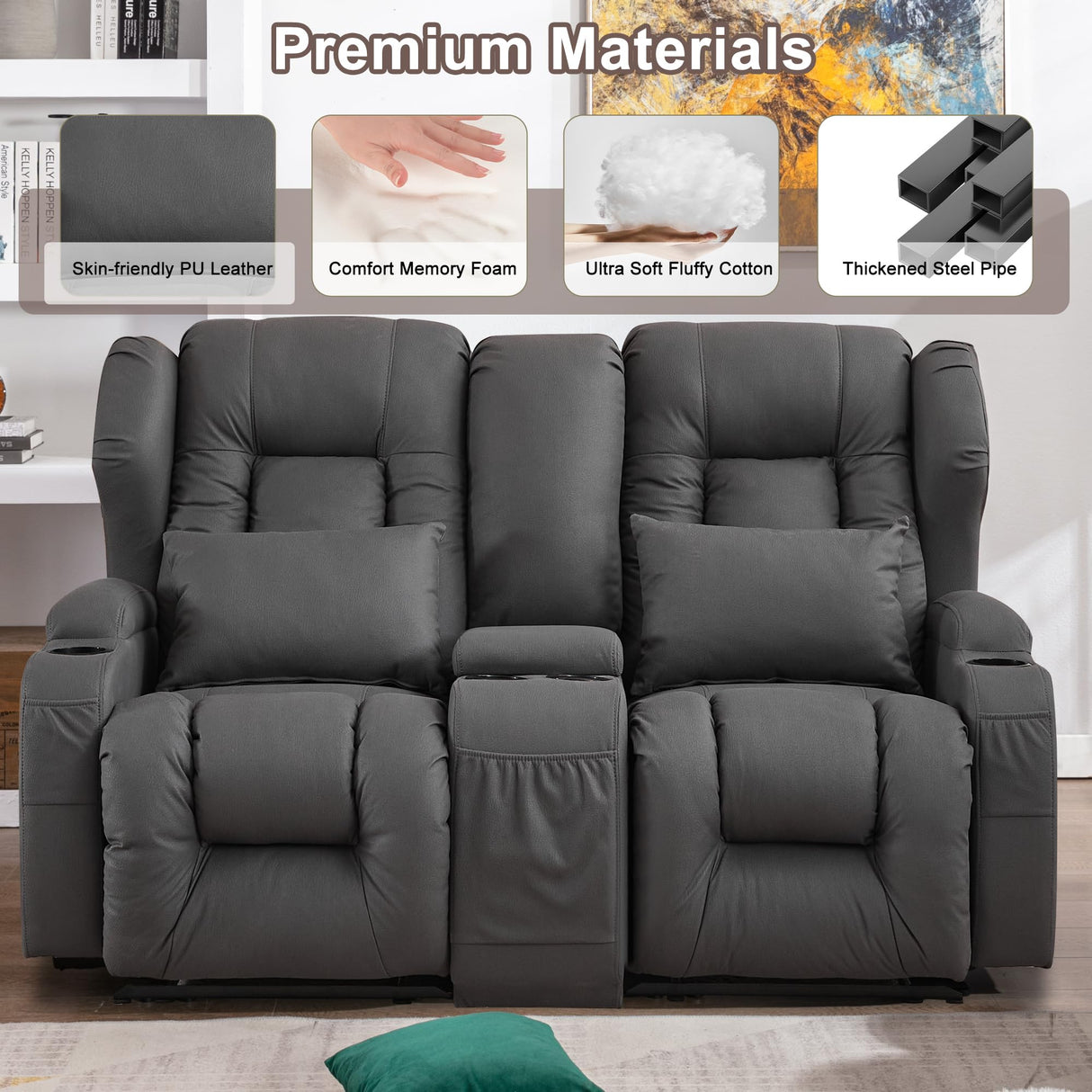 URRED Loveseat Recliner Sofa with Console, RV Manual Reclining Loveseat Couch Home Theater Seating with Cup Holders/Side Pockets/Pillows/Hide Storage for Living Room, Gray URRED