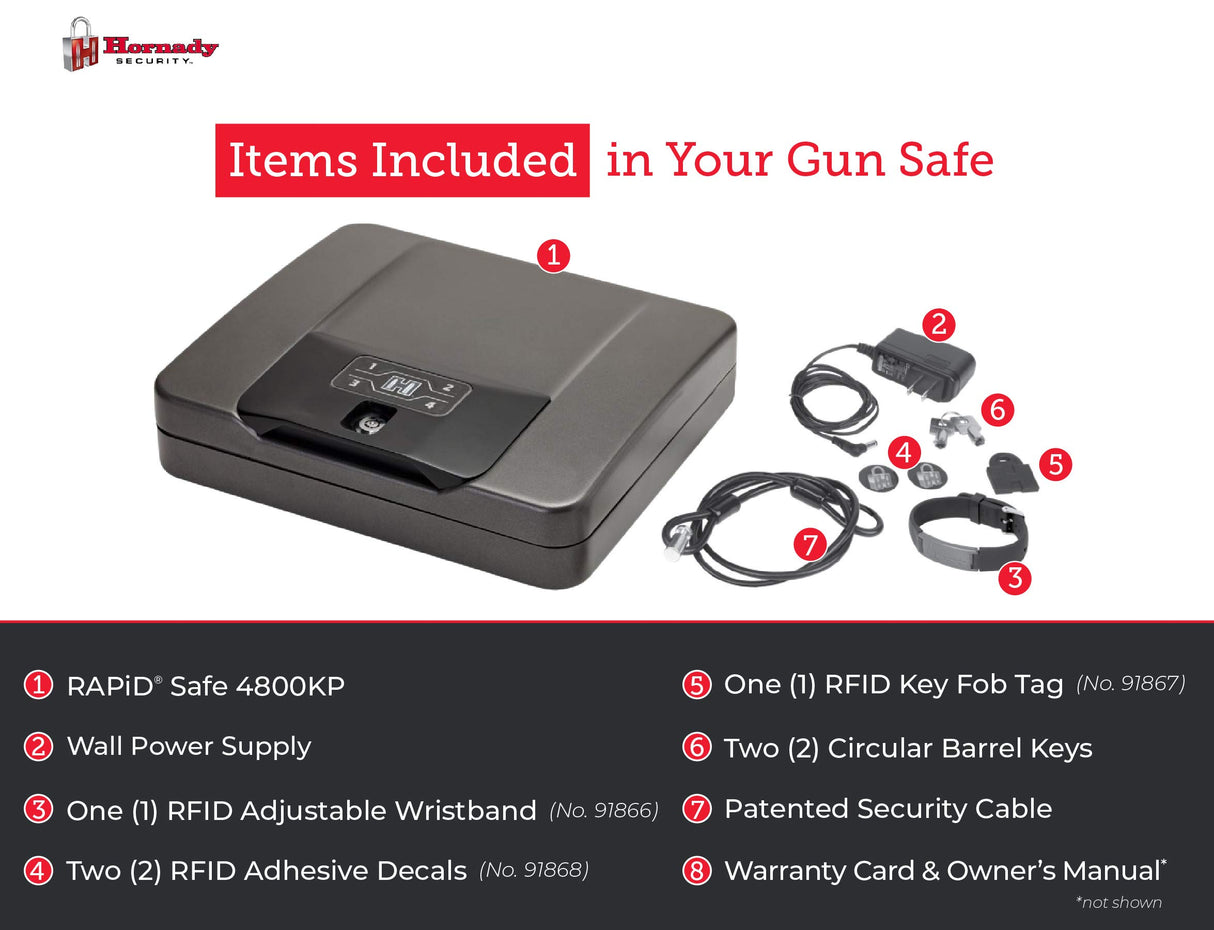 Hornady Rapid Safe 4800KP - Portable Gun Safe for Firearms - RFiD Safe for Fast, Multiple Method Entry - Includes Rapid Safe, RFiD Wristband, Key Fob, 2 Decals, 2 Barrel Keys and Security Cable Hornady