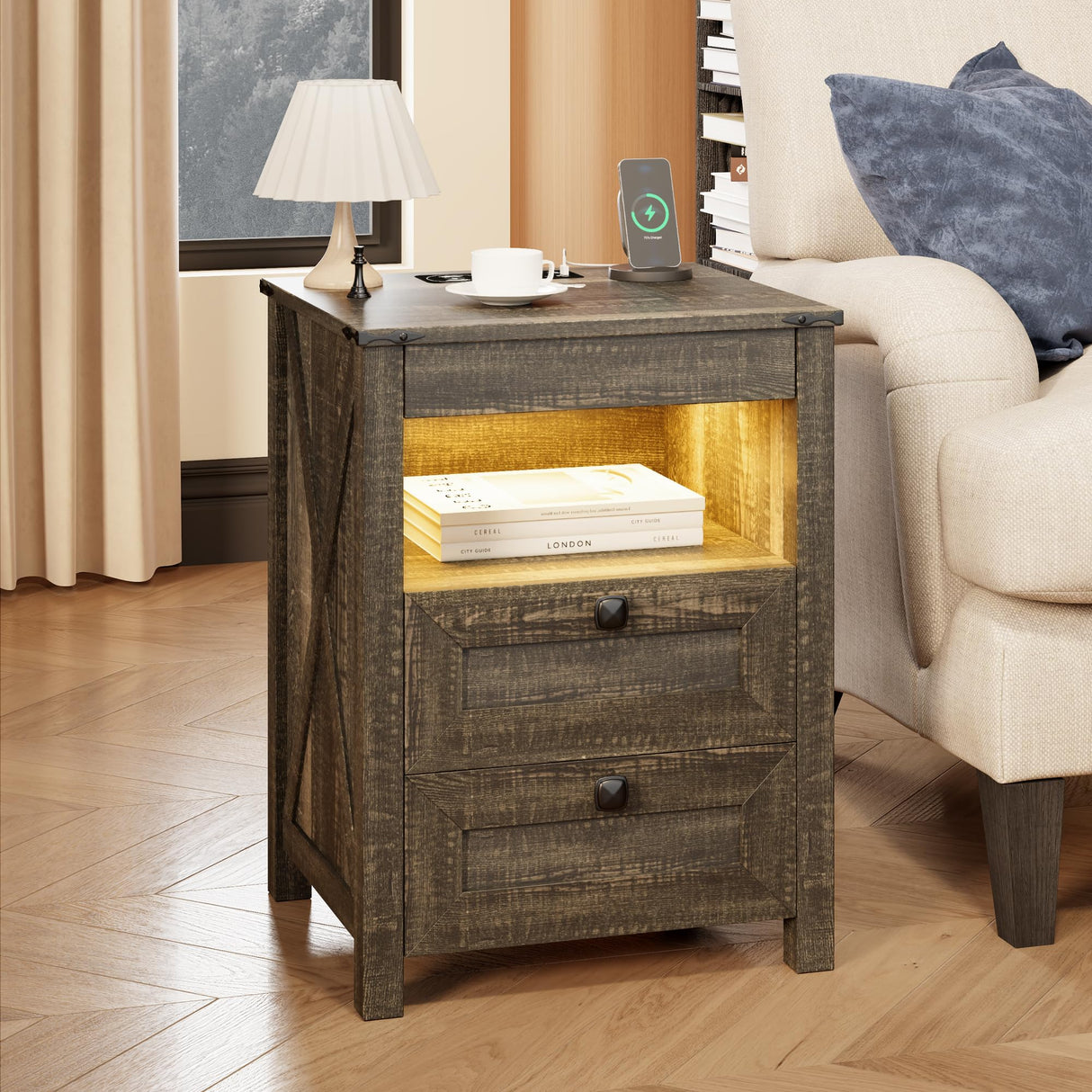 Farmhouse LED Nightstand with Gun Drawer&Invisible Lock,Modern Bedside Table with Human Sensor Design,Rustic Side Table with Wireless Charging for Living Room, Dark Oak FREDEES