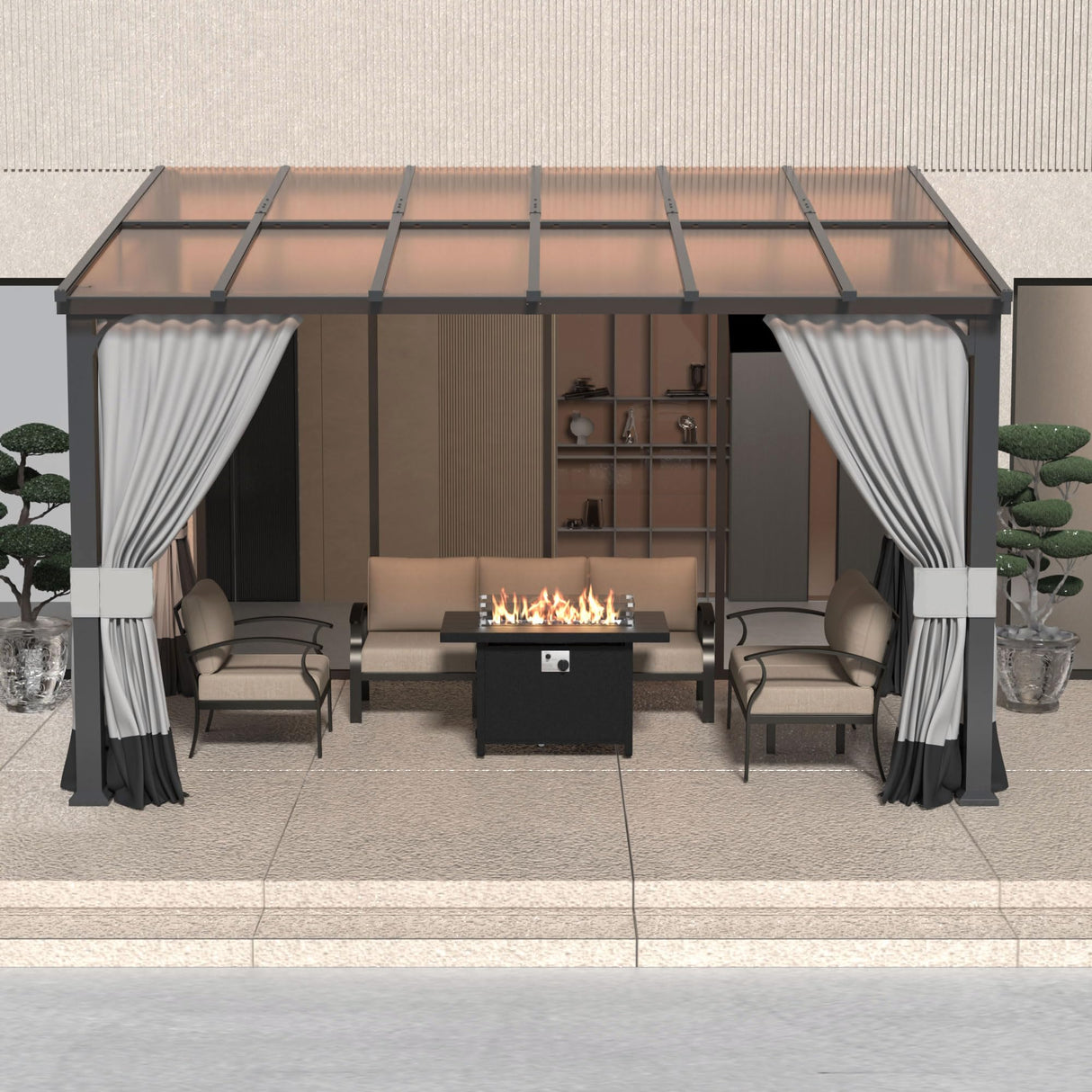 RTDTD 10' x 12' Gazebo,Hard Top Lean to Gazebo Wall Mount Heavy Hardtop Gazebo Outdoor Pergola with Curtains and Netting for Patio Garden Lawn Backyard Deck (Grey) RTDTD