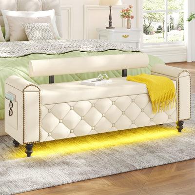 51" Ottoman with Storage, Storage Ottoman Bench with Upholstered Backrest, Tufted Entryway Bench with Curved Arm Support, End of Bed Bench with LED Lights, Storage Bench for Bedroom,Living Room,Beige