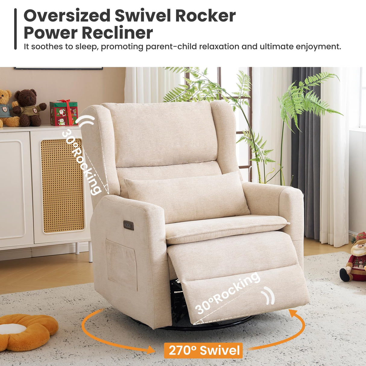 RUTOX Oversized Swivel Rocker Recliner with Adjustable Headrest, 26" Extra Wide Glider Recliner Nursery Chair with Double Cushion, Chenille Glider Rocking Chair for Living Room,Cup Holder,Beige RUTOX