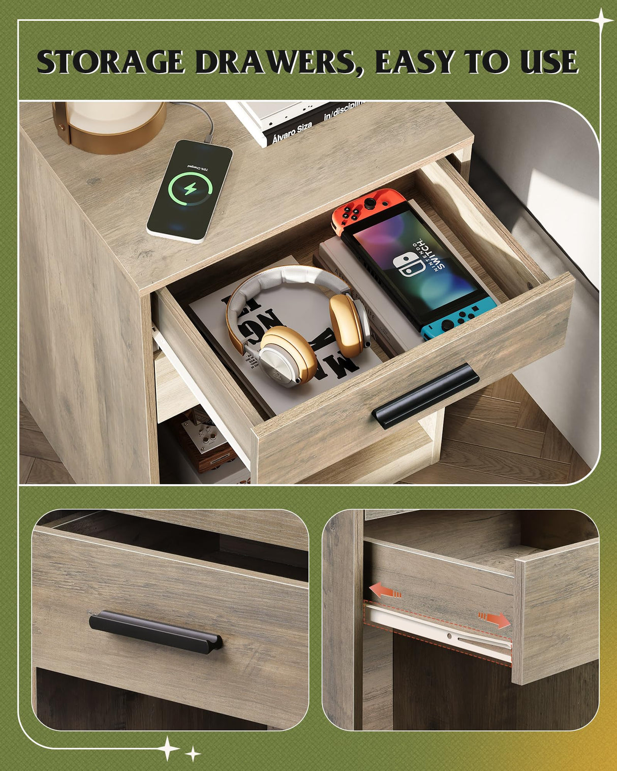 WLIVE Night Stand Set of 2 with Charging Station, Nightstands with Wood Drawers and Open Shelf, Bed Side Tables Living Room, Bedroom, Modern End Table Set 2, Greige WLIVE