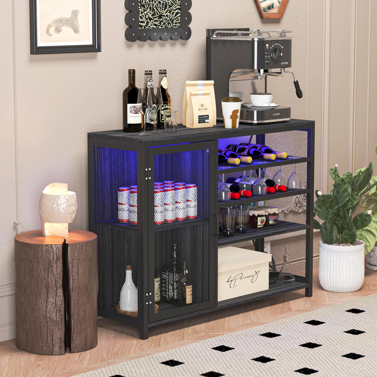 TopCity LED Industrial Wine Bar Cabinet Coffee Buffet Sideboard with Storage for Liquor and Glasses Wood Metal Sideboard with Wine Racks for Home Kitchen Dining (Gray, 43.31"*13.78"*32.87") TopCity