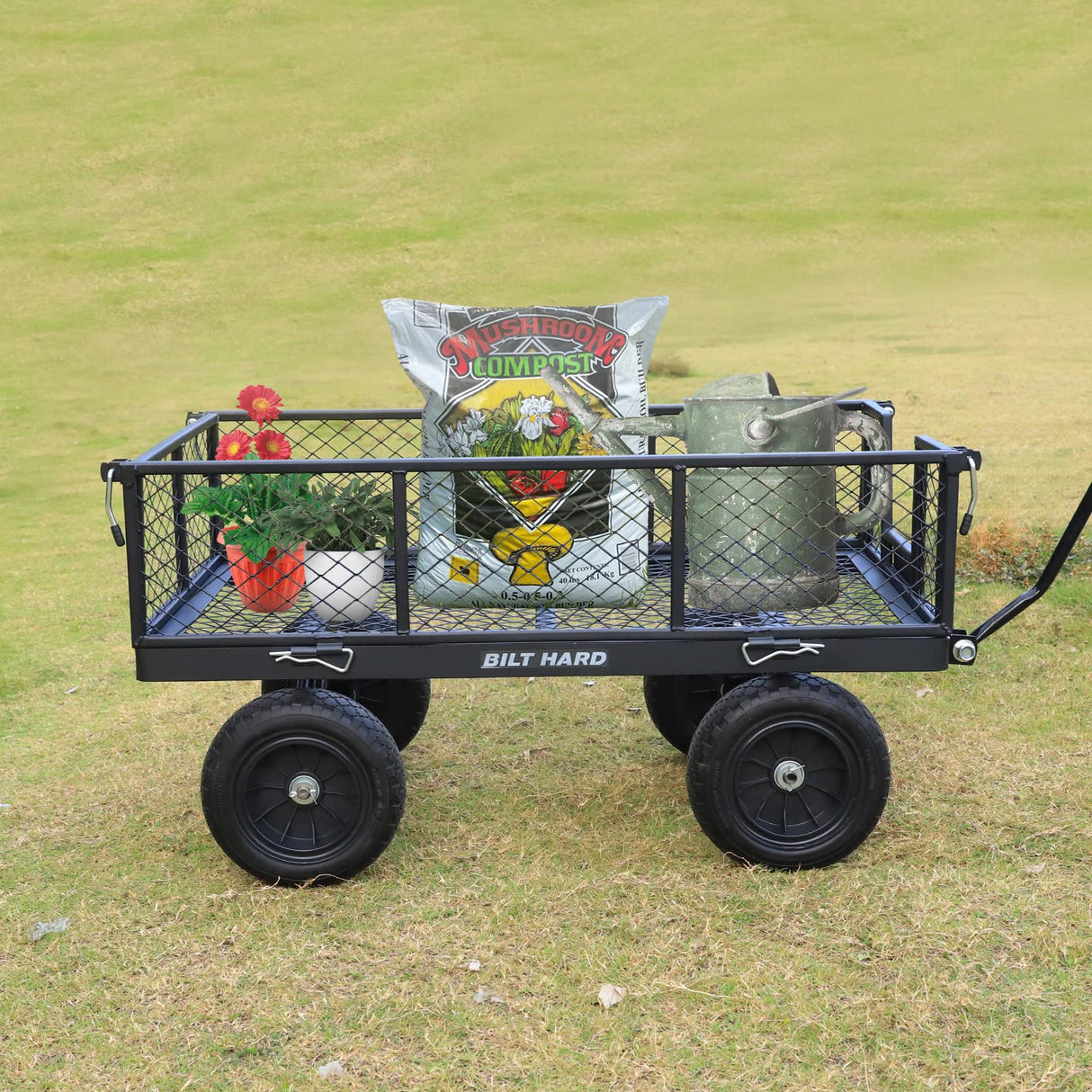 BILT HARD 880 lbs 10" Flat Free Tires Steel Garden Cart with 180° Rotating Handle and Removable Sides, Heavy Duty 4 Cu.Ft Capacity Utility Garden Carts and Wagons BILT HARD