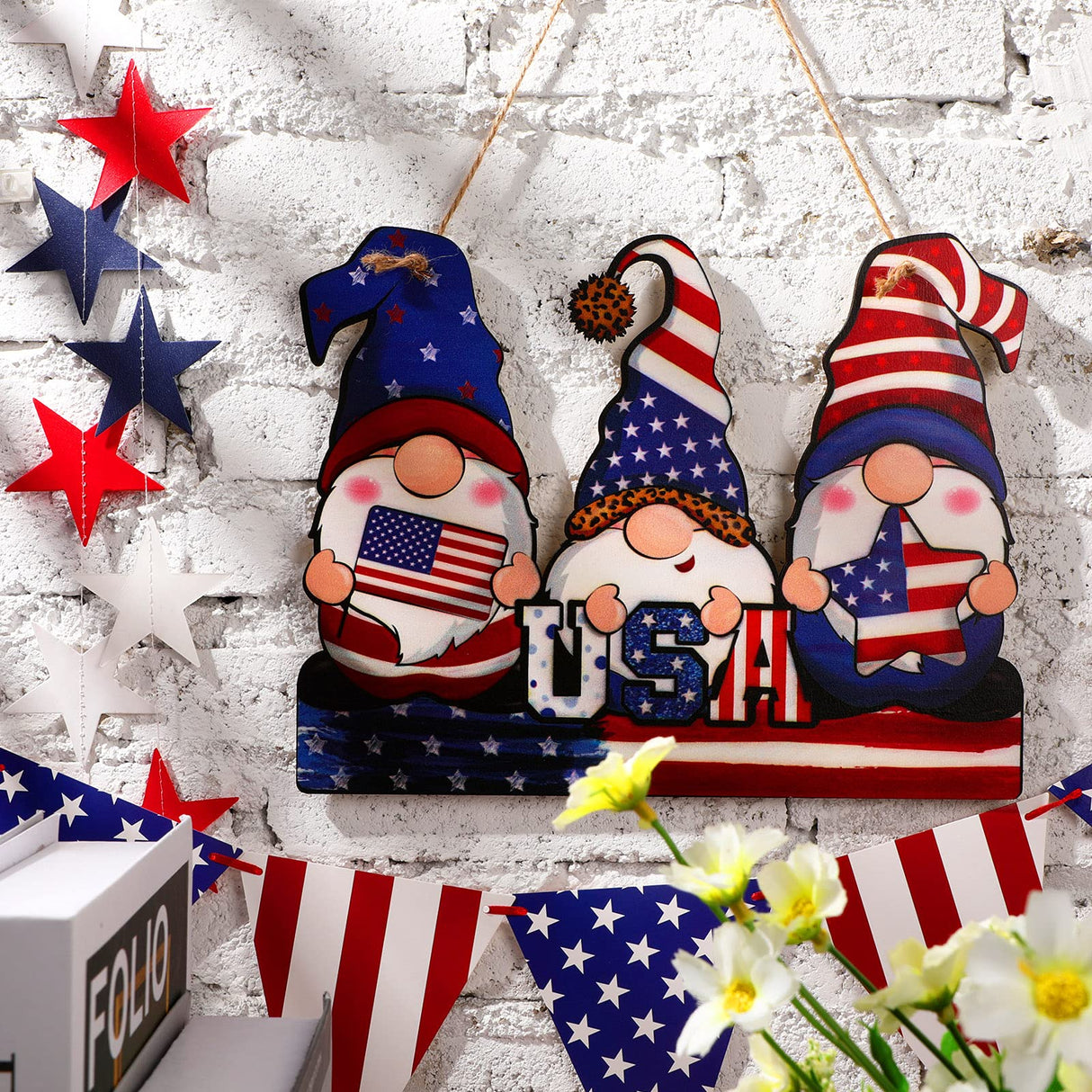 Jetec 4th of July Independence Day Decorations American Patriotic Rustic Wooden Plaque with Rope, Wood American Flag for Front Door Porch Wall Window(Gnome Style) Jetec