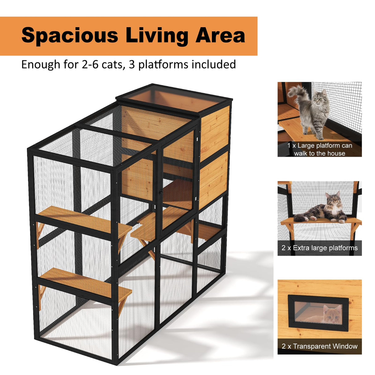 TIMHAKA Large Indoor Cat Catio, 4 Tier Outdoor Cat Enclosures House for Cats with Waterroof Roof, 3 Resting Rooms, 3 Platforms, Cats Catio Connect to Window with 2 Large Door, Feral Pet Shelter, Black TIMHAKA