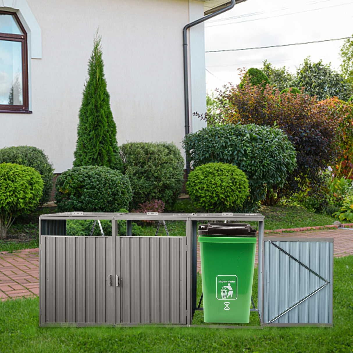 Outdoor Trash Can Storage, Storage Shed for 3 Trash cans and Tools,Waterproof Garbage Bin shed,Metal Trash Can Storage Shed Outdoor for Garden Yard(Light Grey-3 Doors) IMagacFun