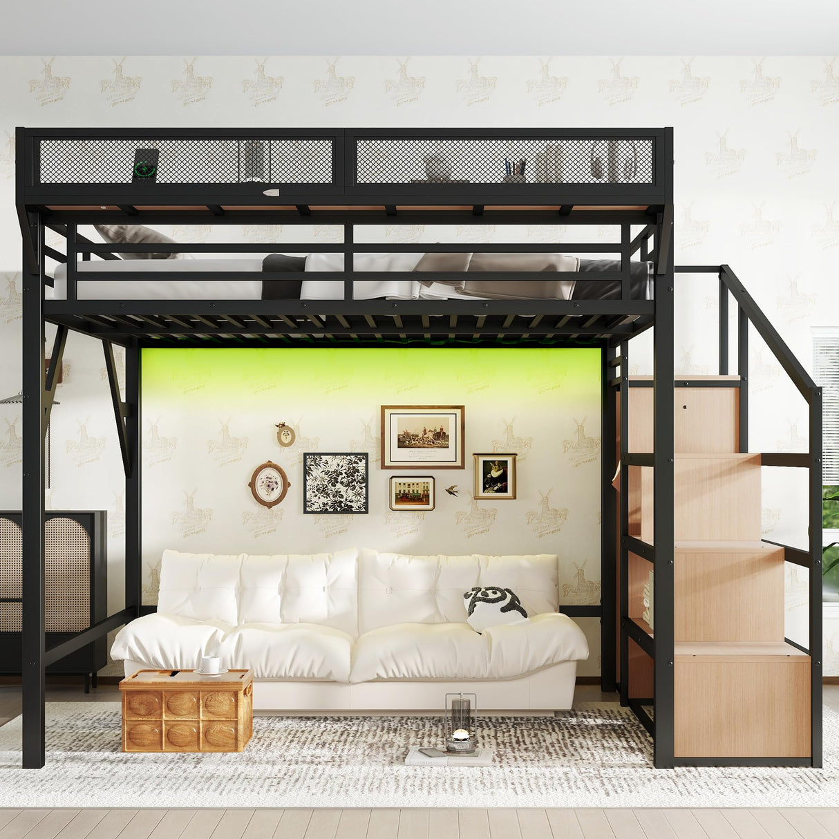 Metal Queen Size Loft Bed with Stairs and Wardrobe,Heavy Duty Loft Bed Frame with LED Lights and Charging Station for for Kids, Teens, Adults, Natural Wood Bellemave