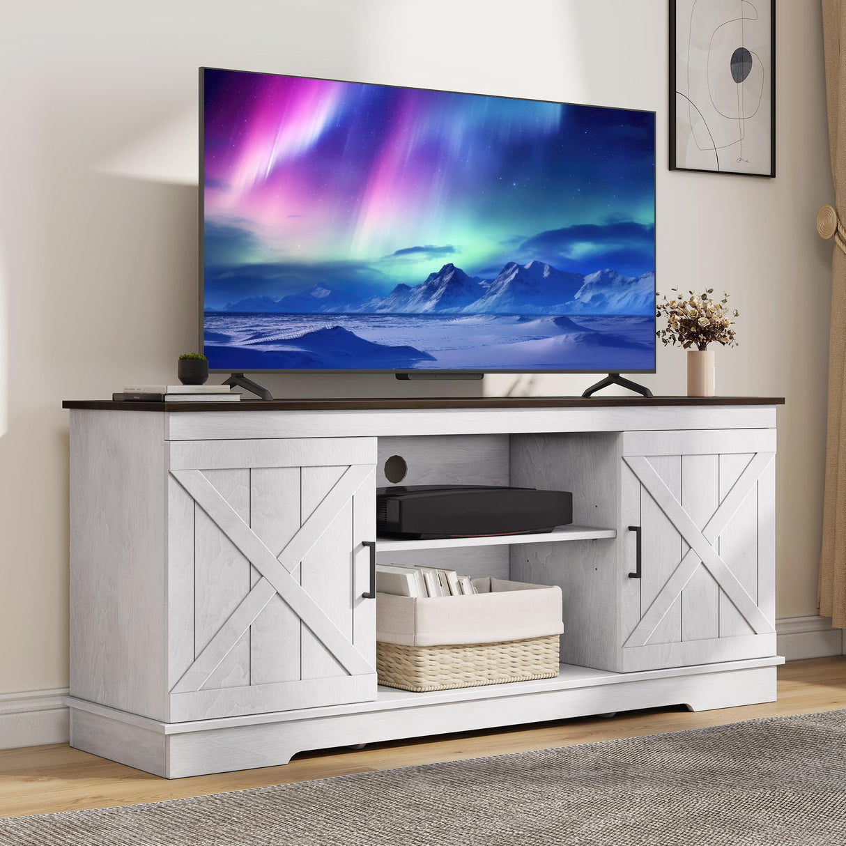 DWVO Farmhouse TV Stands for Living Room, Entertainment Center with Storage, TV Stand for 65 Inch TV with Double Barn Doors & Storage Cabinets, Rustic TV Cabinet Media Console, Espresso & Grey White DWVO