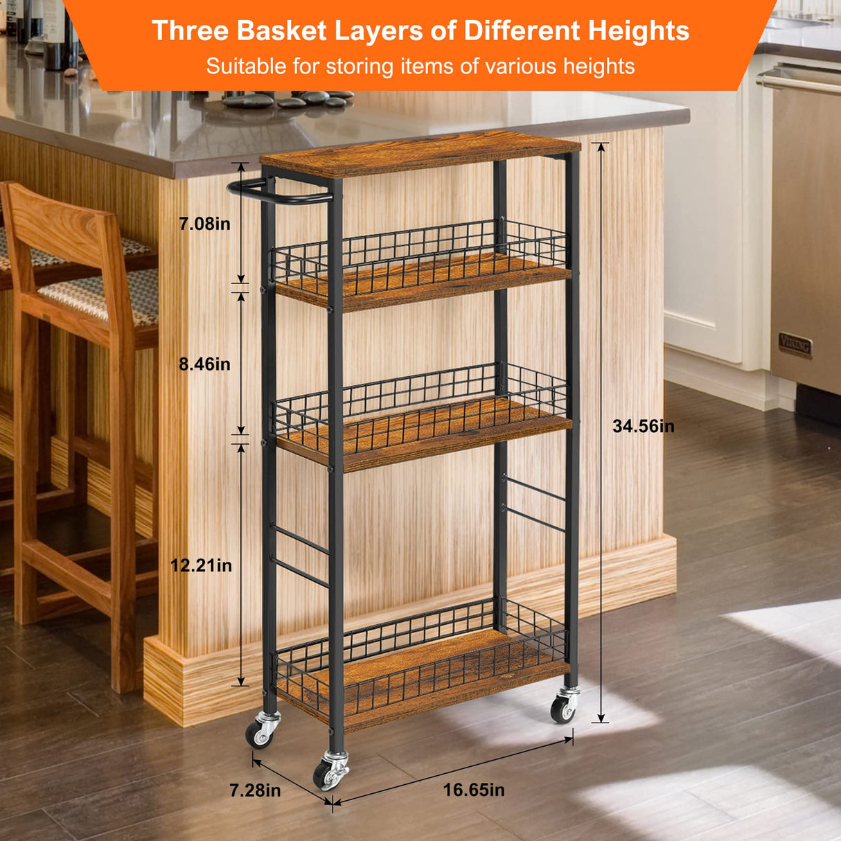 YBING Slim Storage Cart 4 Tier Kitchen Rolling Cart on Wheels Mobile Narrow Cart with Wooden Tabletop Slide Out Utility Cart for Bathroom Laundry Narrow Places Rustic Brown 16.5''L X 7.3''W X 34.6''H YBING