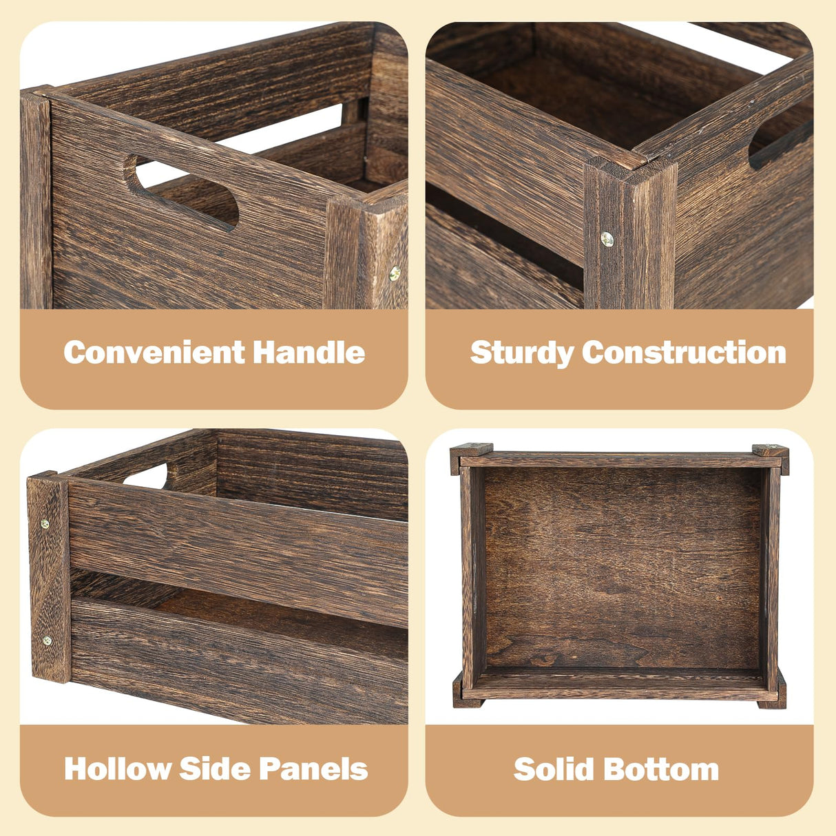 Edergoo Wooden Crates, Farmhouse Wooden Crates for Storage, Rustic Handmade Wood Crate with Handles, Durable Wooden Crates for Display, Medium Wooden Crate Box, Wooden Crates for Decor, 2 Pack, Brown Edergoo