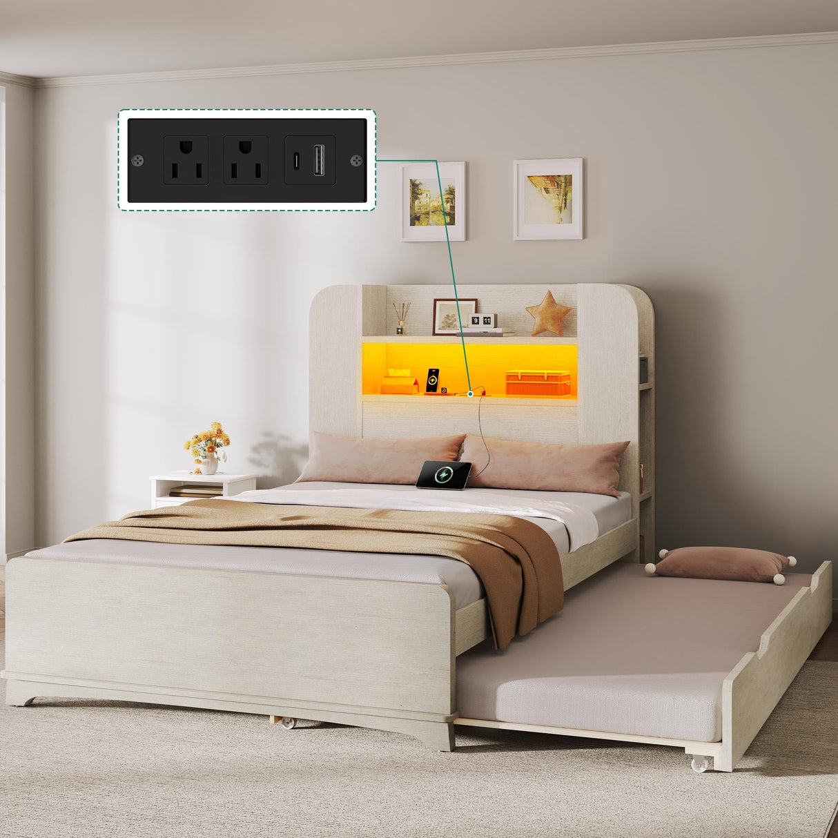 YITAHOME Bed with Trundle, Twin Size Bed Frame with Bookcase Daybed Storage Headboard and Charging Station, RGB LED Lights Bed with Wooden Support for Bedroom, No Box Spring Needed, Noise Free, White YITAHOME