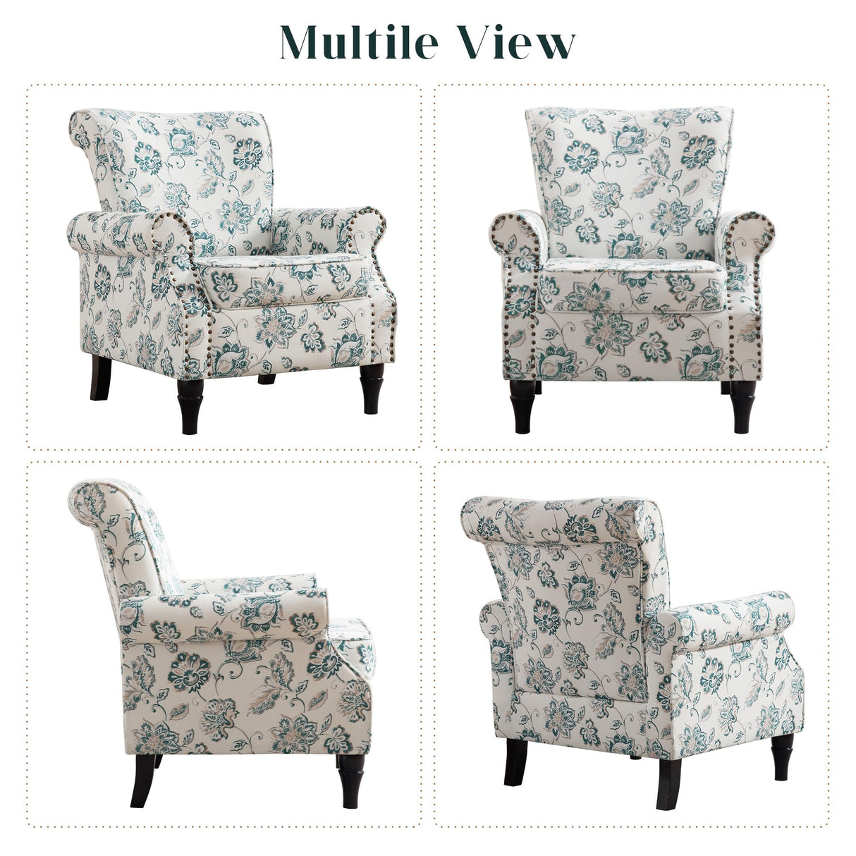 HCHAIRH Floral Wingback Accent Chairs Set of 2 with Removable Cushion Comfy Upholstered Armchair with Nailhead Trim and Wood Legs Reading Chair for Living Room, Bedroom, Green HCHAIRH