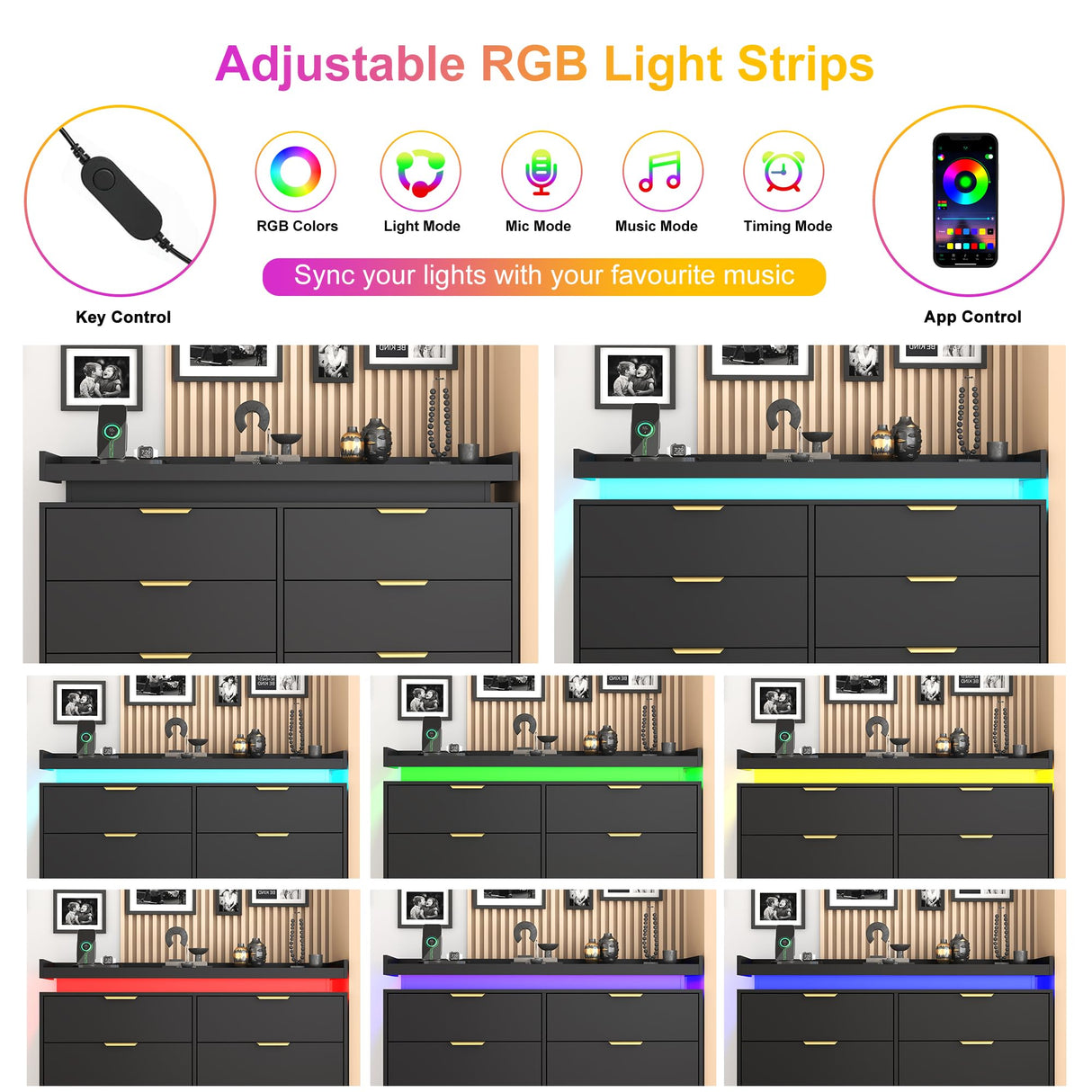 knoworld 8 Drawer Dressers for Bedroom, Black Dresser with LED Lights and Power Outlet, Modern Large Dresser Wooden Long Dresser, Double Wide Dresser for Bedroom, Living Room, Entryway, Hallway knoworld