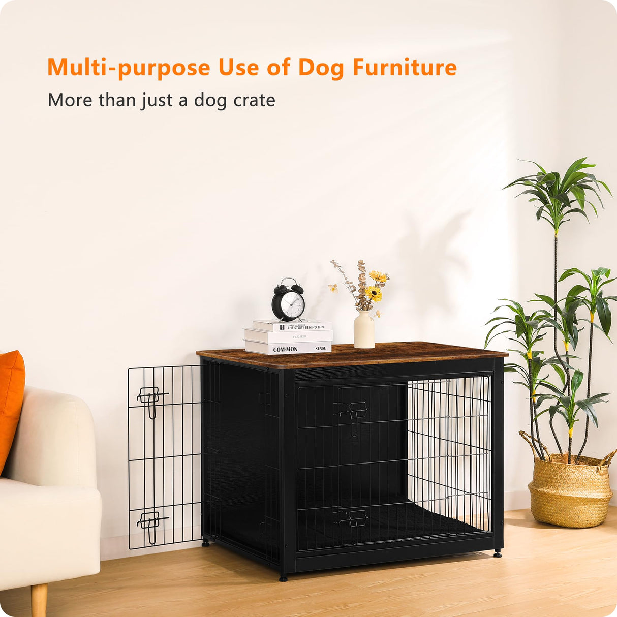 DWANTON Dog Crate Furniture with Cushion, Wooden Kennel Table with Double Doors, Indoor Dog House, Large Size, 38.5" L, Black+Rustic Brown Dwanton