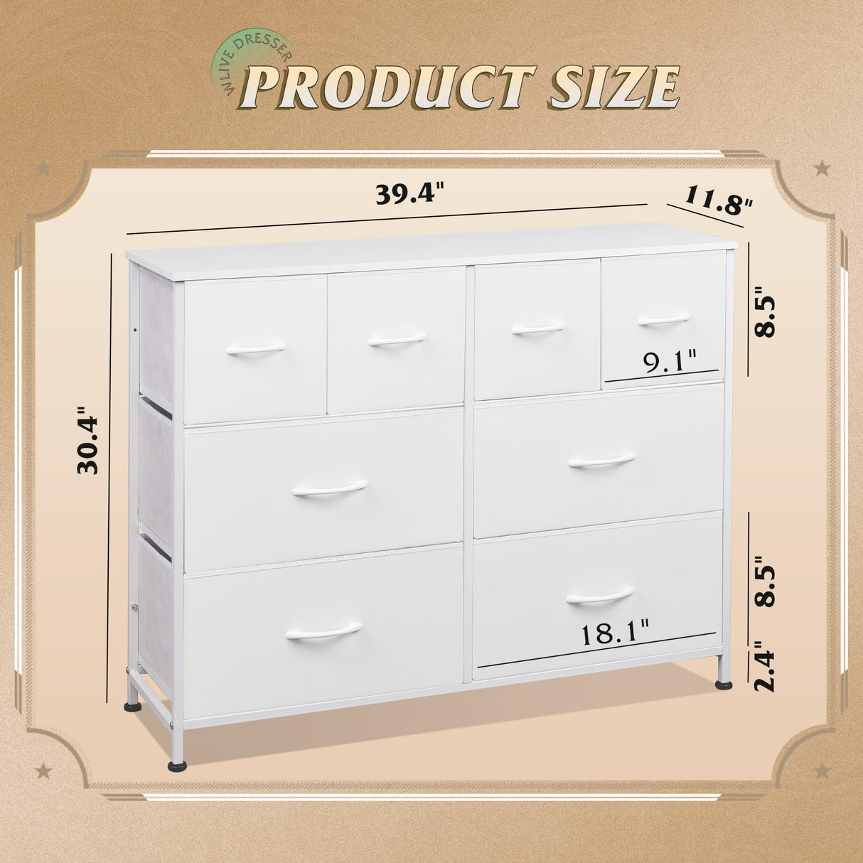 WLIVE Dresser for Bedroom with 8 Drawers, Wide Fabric Dresser for Storage and Organization, Bedroom Dresser, Chest of Drawers for Living Room, Closet, Hallway, White WLIVE