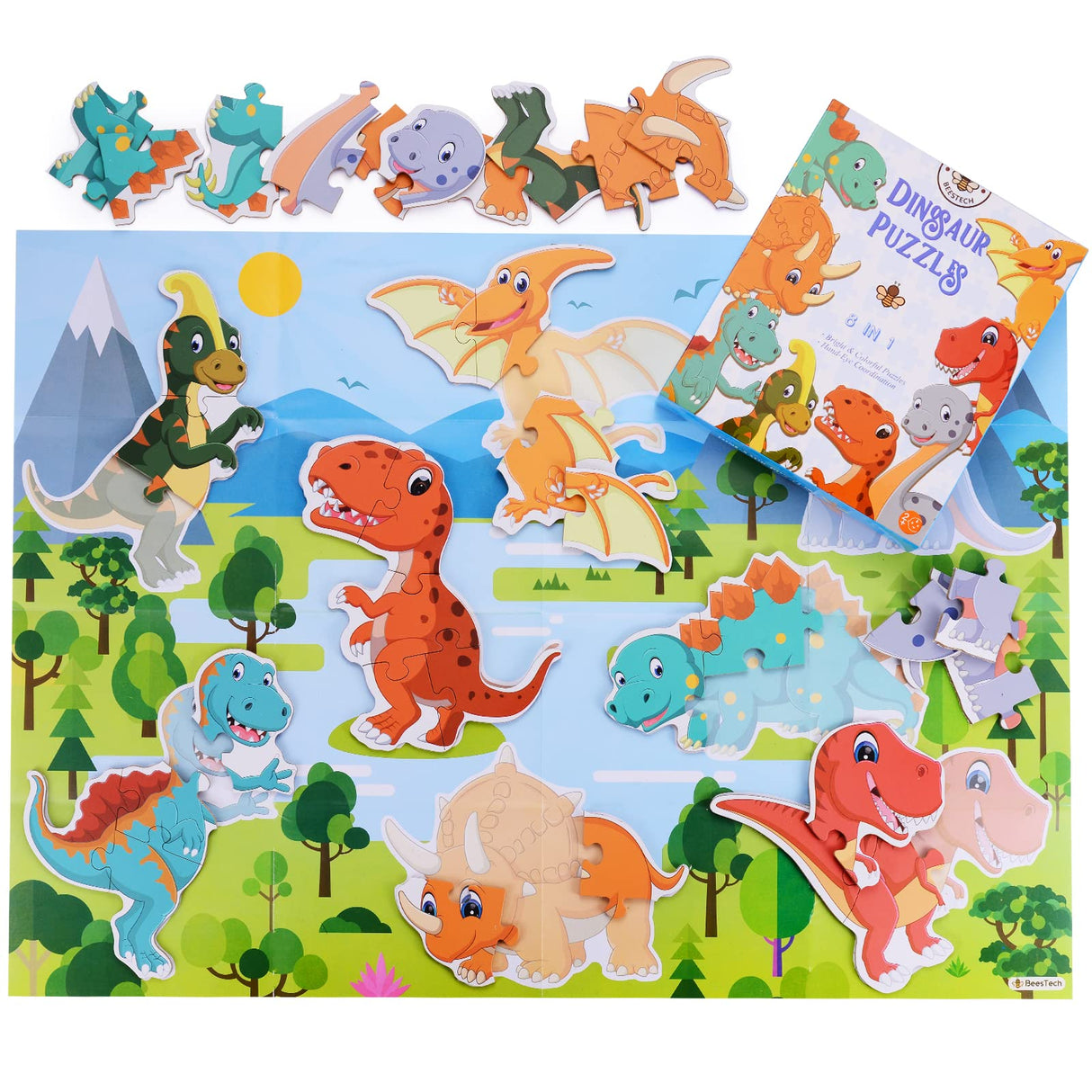 BEESTECH Beginner Dinosaur Puzzles for 2, 3, 4 Year Old Toddlers, 8 Pack Jigsaw Floor Puzzles, Educational Learning Puzzles for Toddlers, 8 Different Dinosaurs with Dinosaur World Map Beestech
