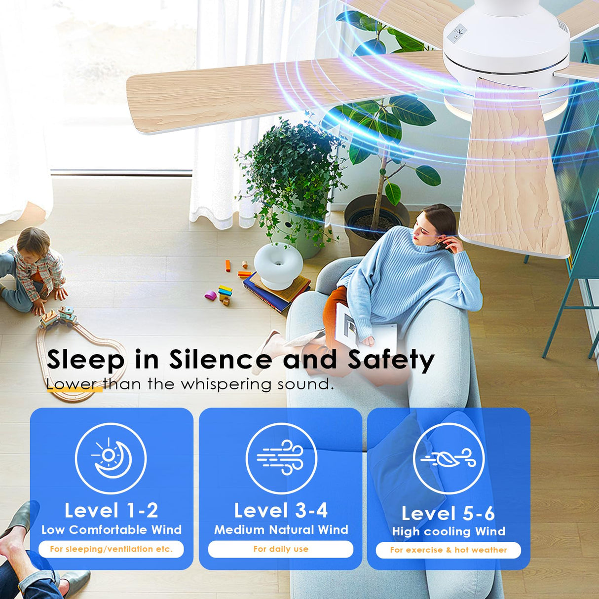 BYKISTOK White Ceiling Fans with Lights - 46" Flush Mount Low Profile Ceiling Fan Light with 5 Double-Sided Blades, 6 Speeds 3CCT Reversible Motor, Modern Ceiling Fan for Indoor/Outdoor Patios BYKISTOK