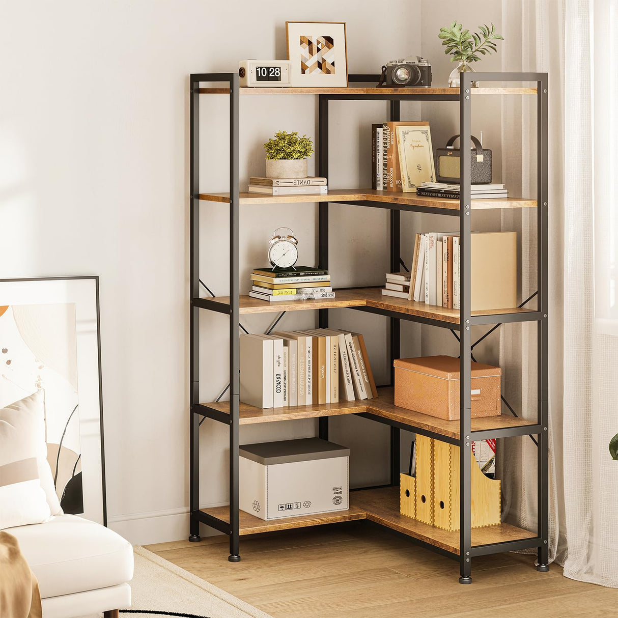Casaottima Corner Bookshelf 5 Tier, 57 Inches Reversible Book Shelf for Living Room, Industrial Wooden Bookcase with Open Shelves and Metal Frame for Bedroom, Home Office, Kitchen, Rustic Brown Casaottima